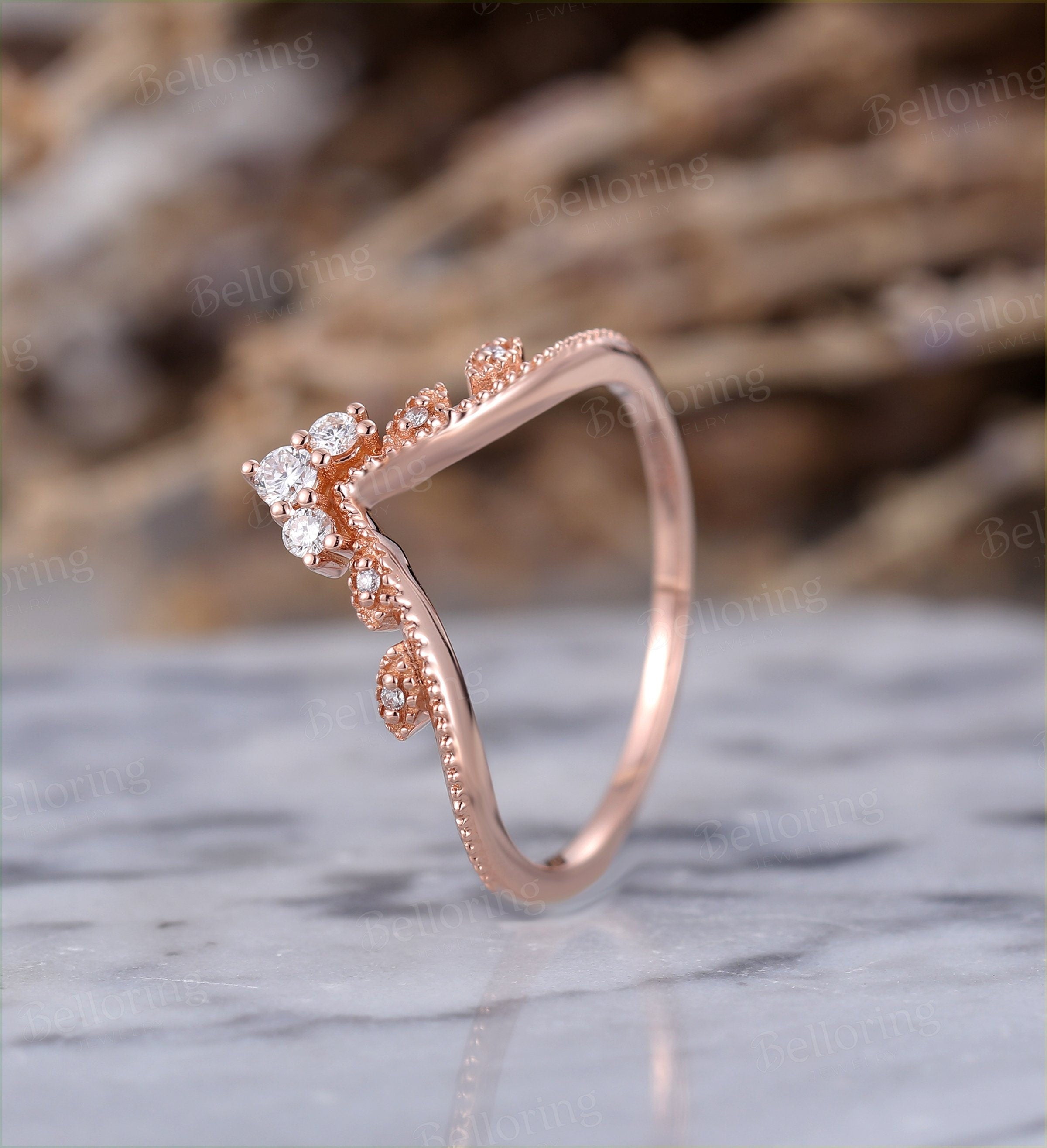 Diamond curved wedding band Vintage  14k rose Gold unique Art Deco Antique leaf wedding ring  Promise Anniversary wedding ring