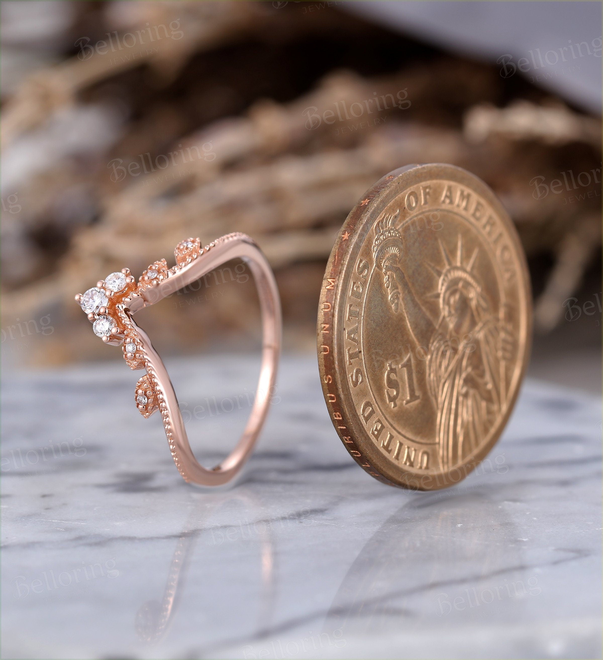 Diamond curved wedding band Vintage  14k rose Gold unique Art Deco Antique leaf wedding ring  Promise Anniversary wedding ring