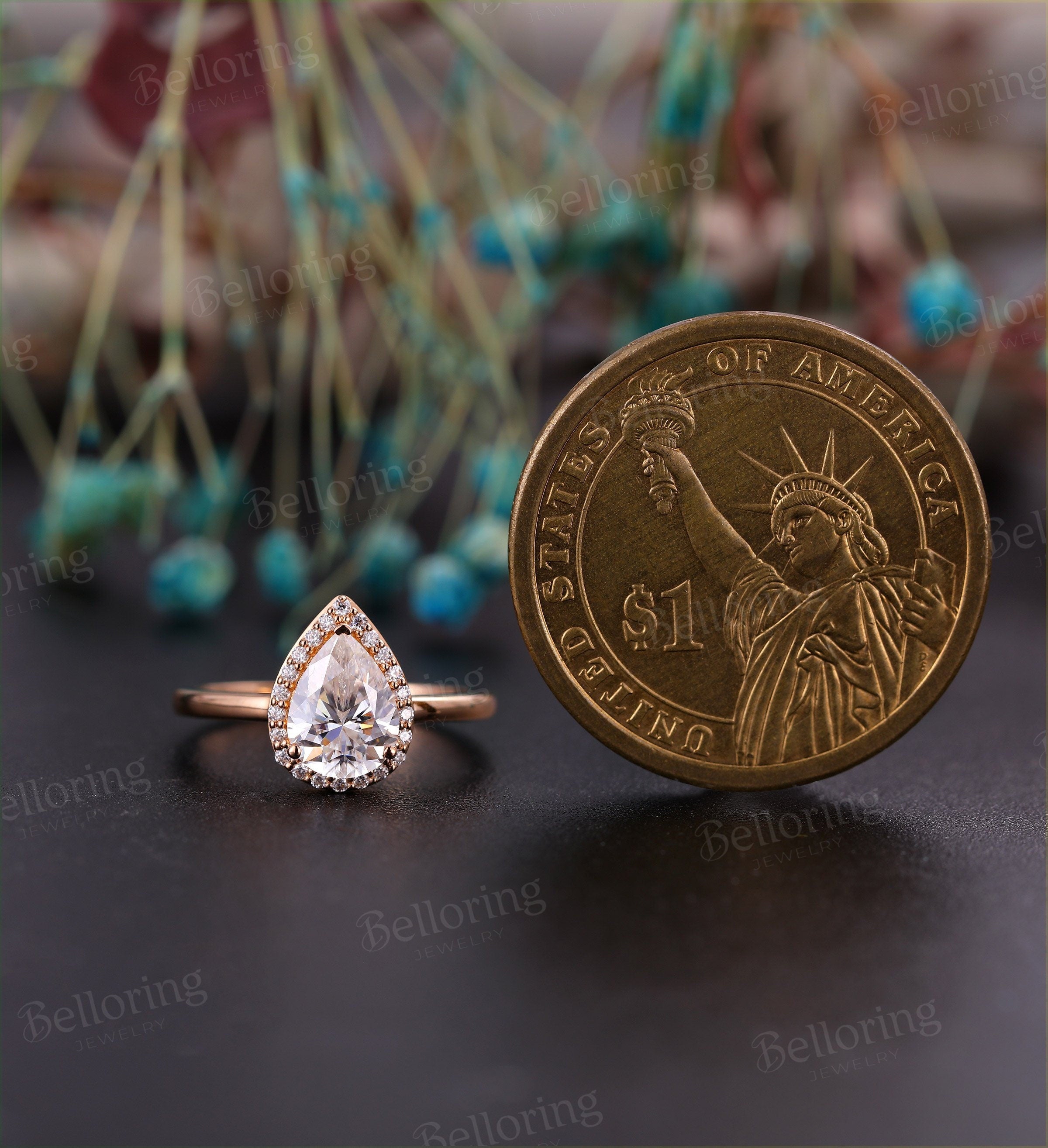 Moissanite engagement ring  Rose gold pear cut halo vintage diamond unique Wedding  Jewelry birthstone Anniversary wedding ring