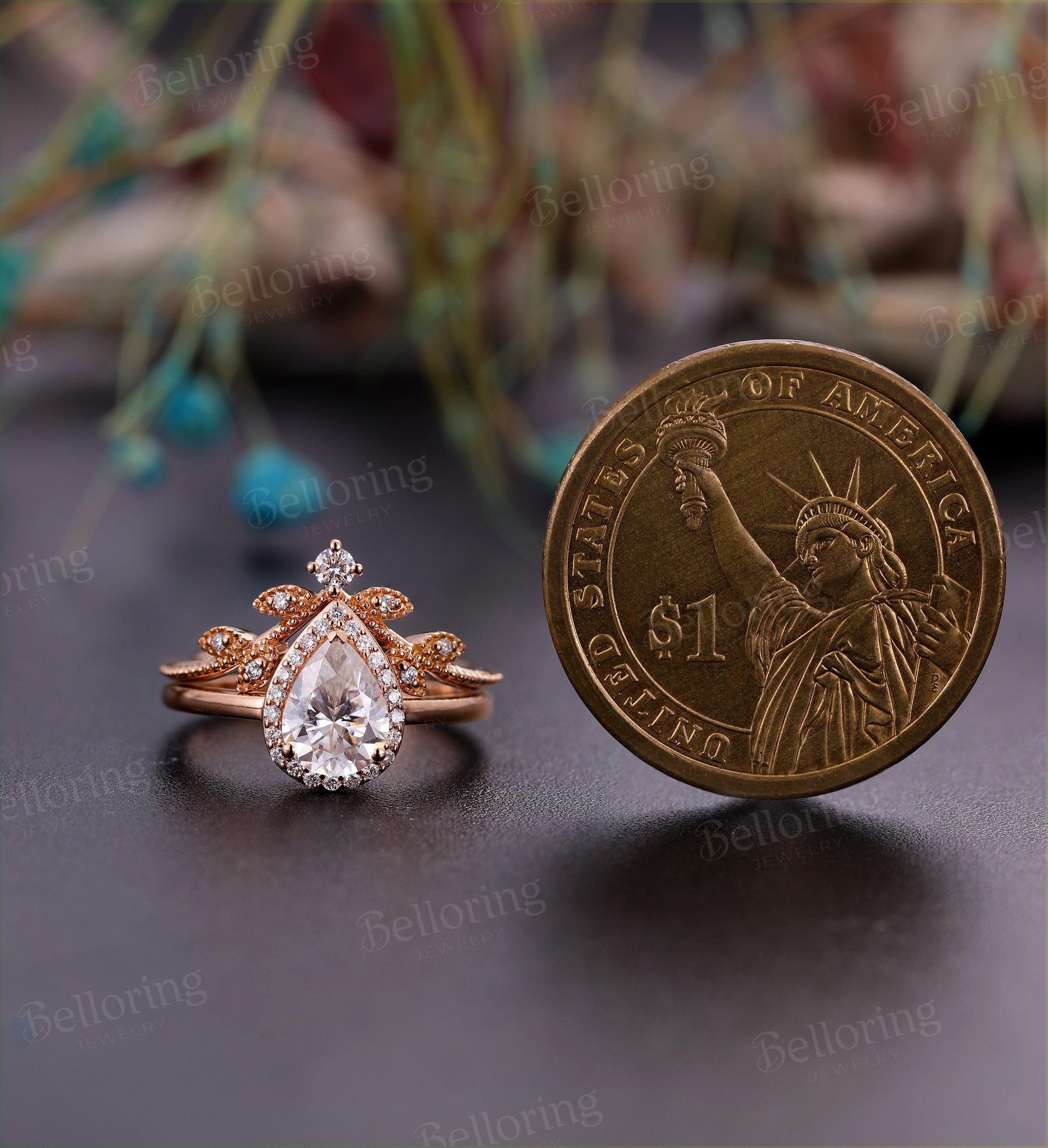 Moissanite engagement ring set  Rose gold pear cut vintage halo unique leaf Wedding band  Jewelry Anniversary wedding ring