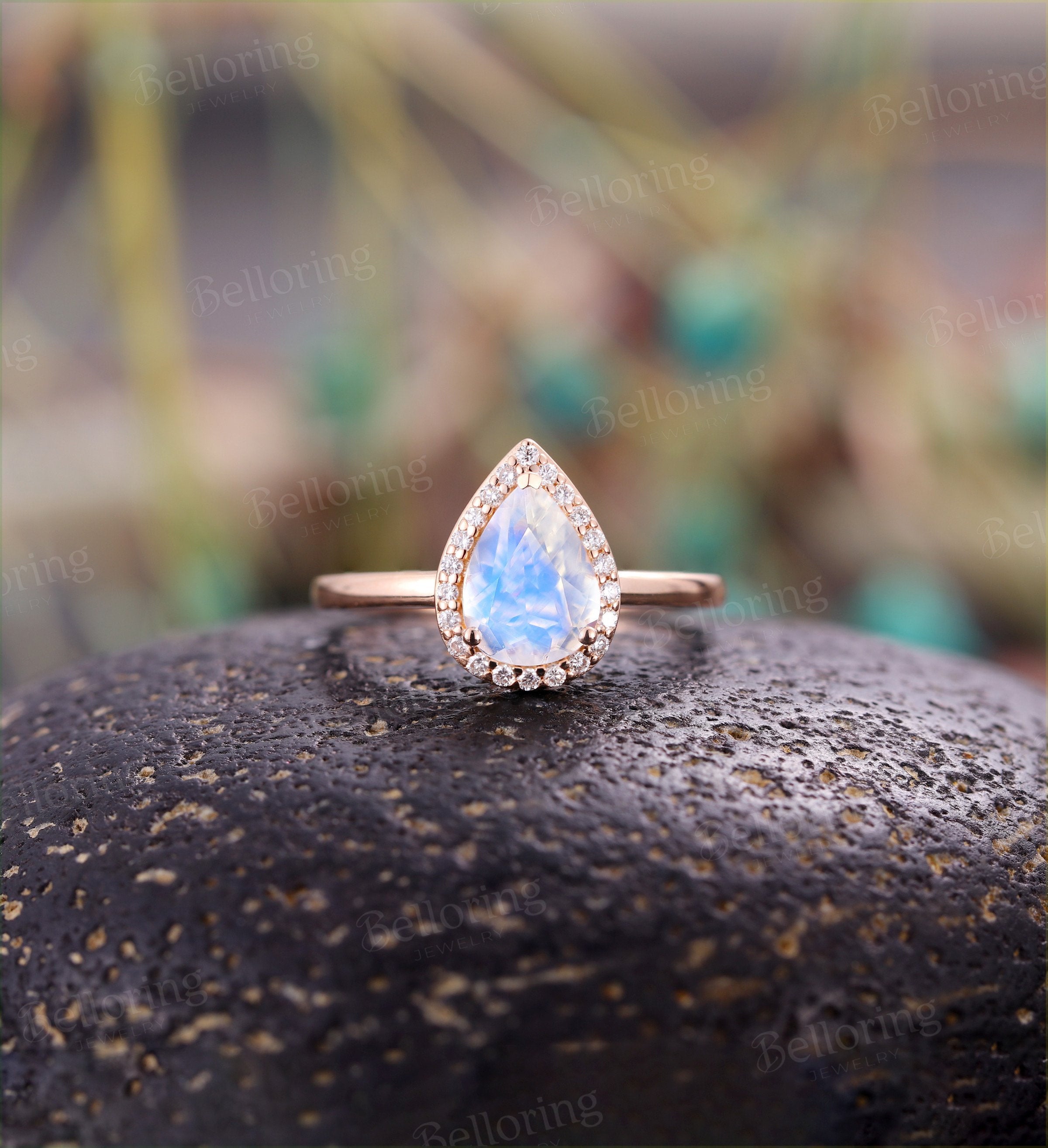 Moonstone engagement ring  Rose gold pear cut vintage diamond unique Wedding  Bridal Jewelry birthstone Anniversary wedding ring