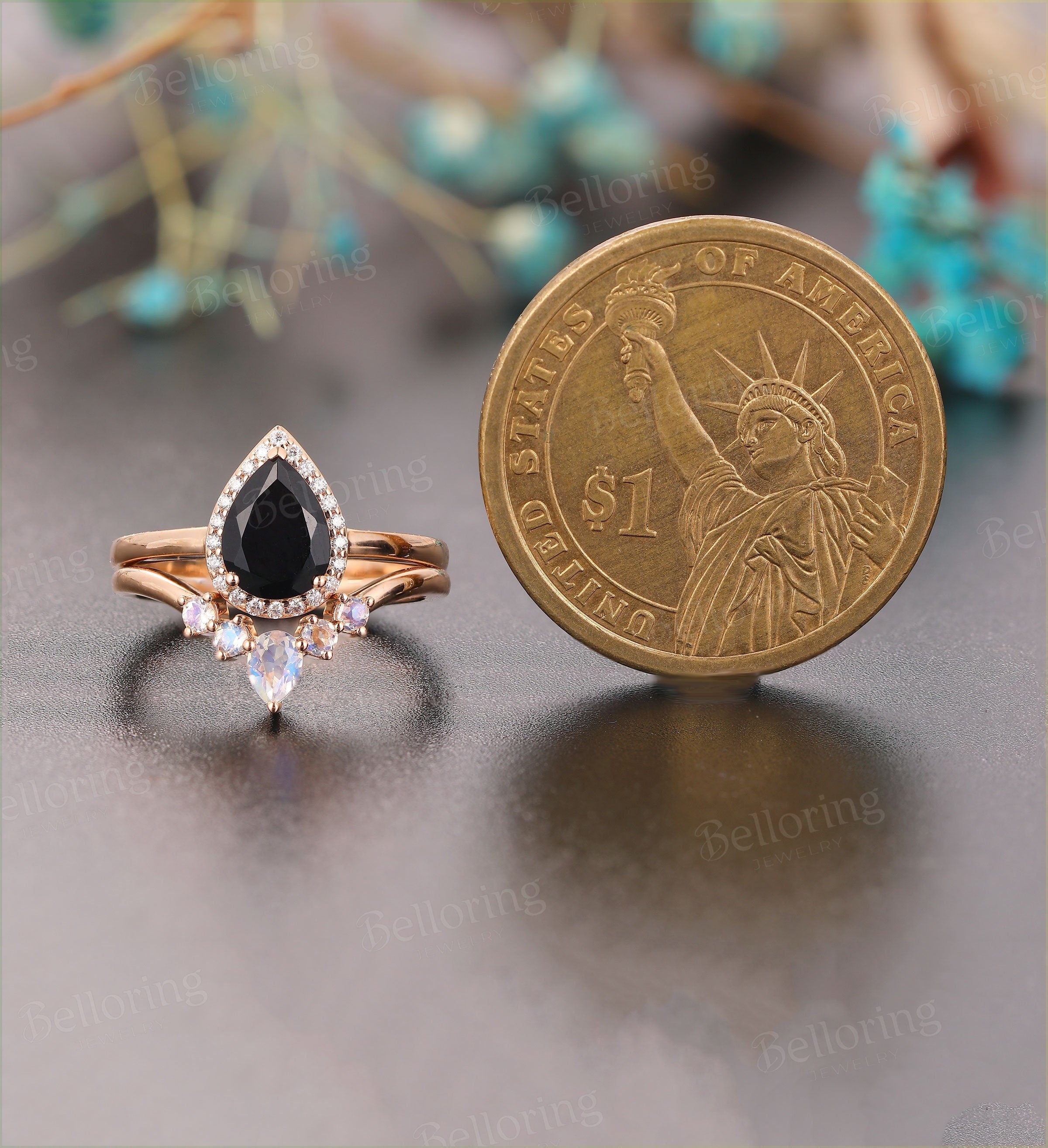 Black Onyx engagement ring  vintage pear shaped halo moissanite unique Wedding Ring set Jewelry art deco Anniversary wedding ring