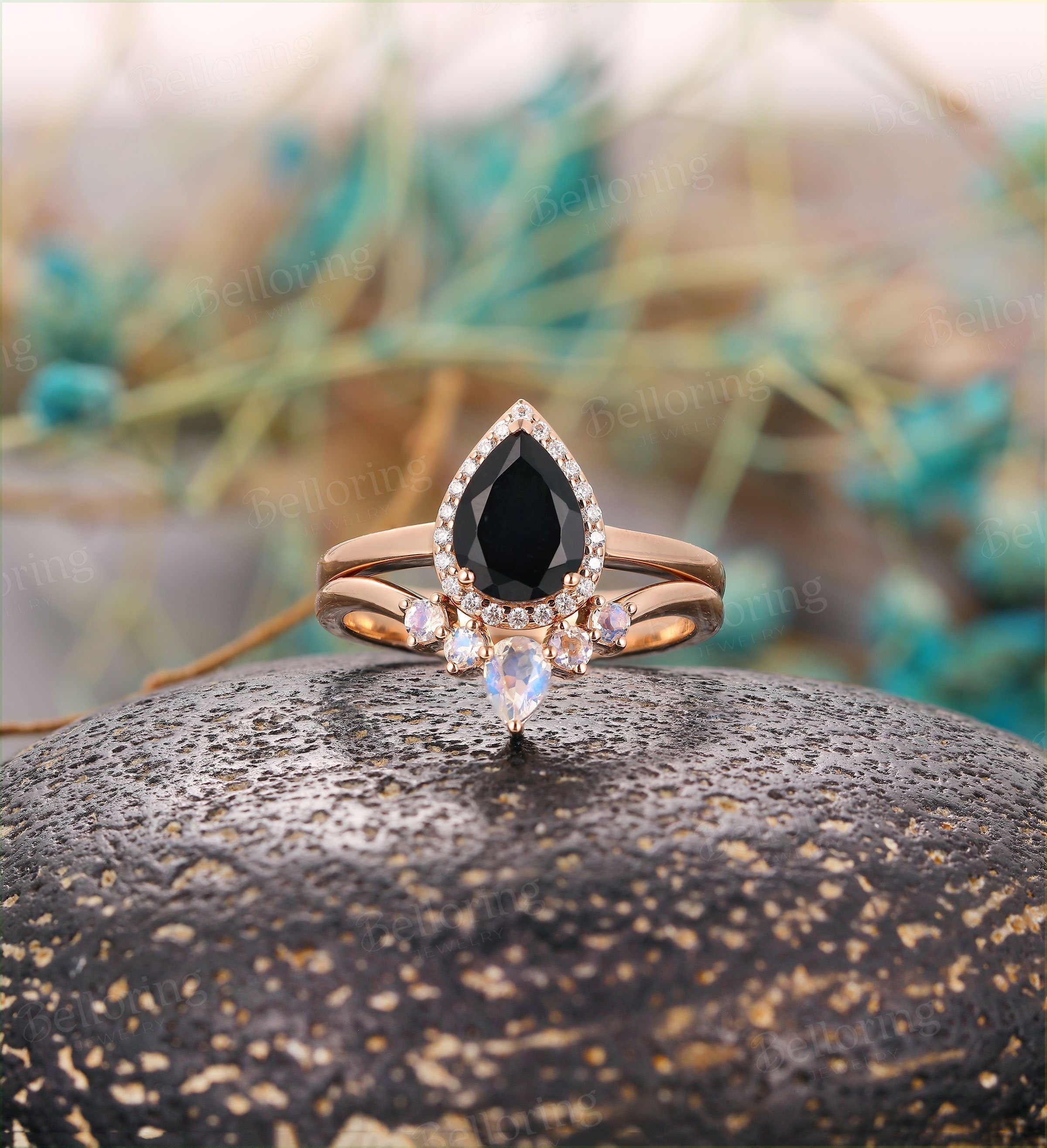 Vintage black onyx engagement ring rose gold Moon pear shaped antique –  PENFINE