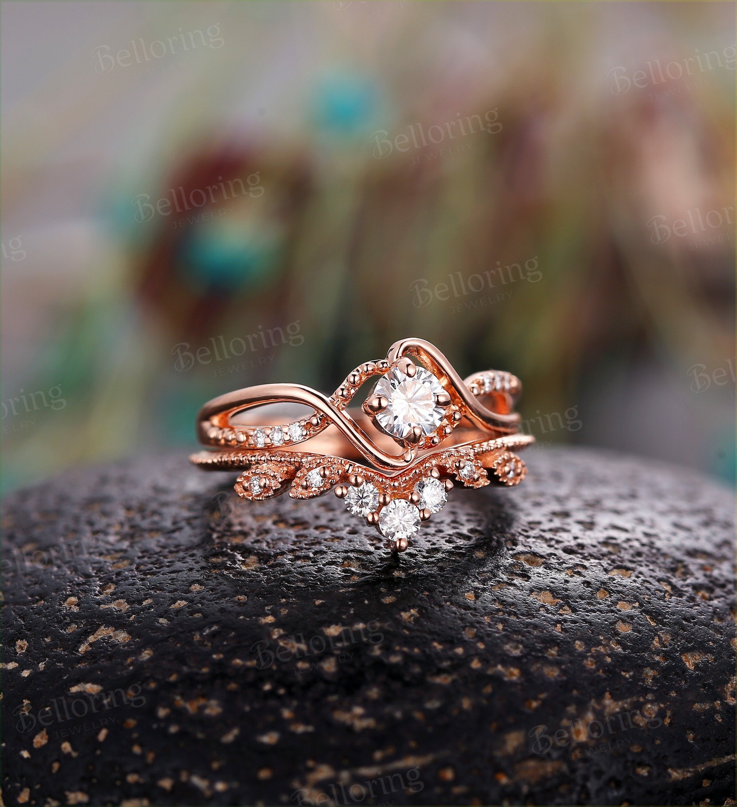 Art deco Moissanite engagement ring set Vintage antique diamond rose gold Unique wedding  stacking rings promise ring Anniversary gift