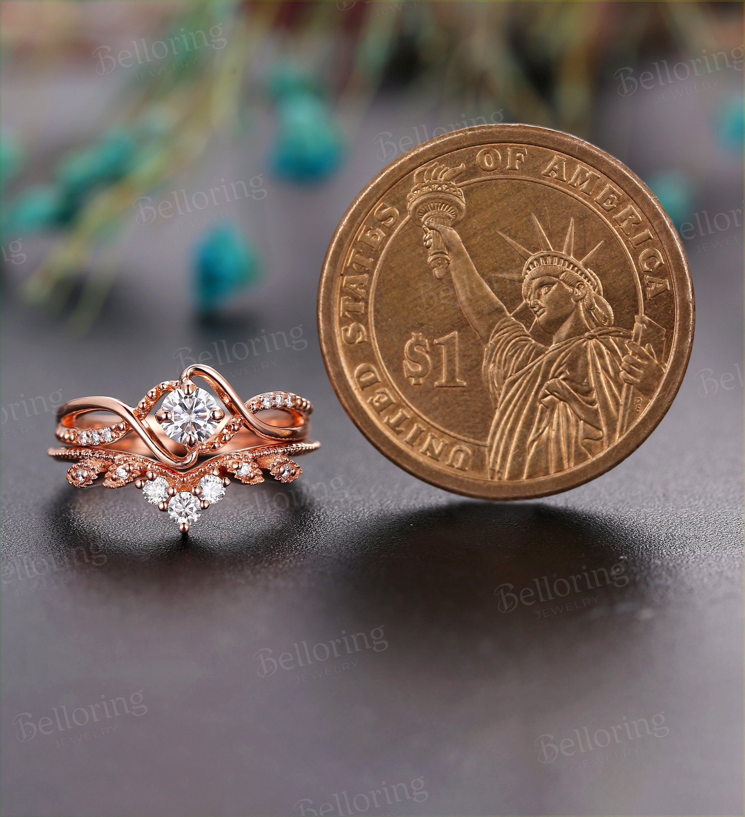 Art deco Moissanite engagement ring set Vintage antique diamond rose gold Unique wedding  stacking rings promise ring Anniversary gift