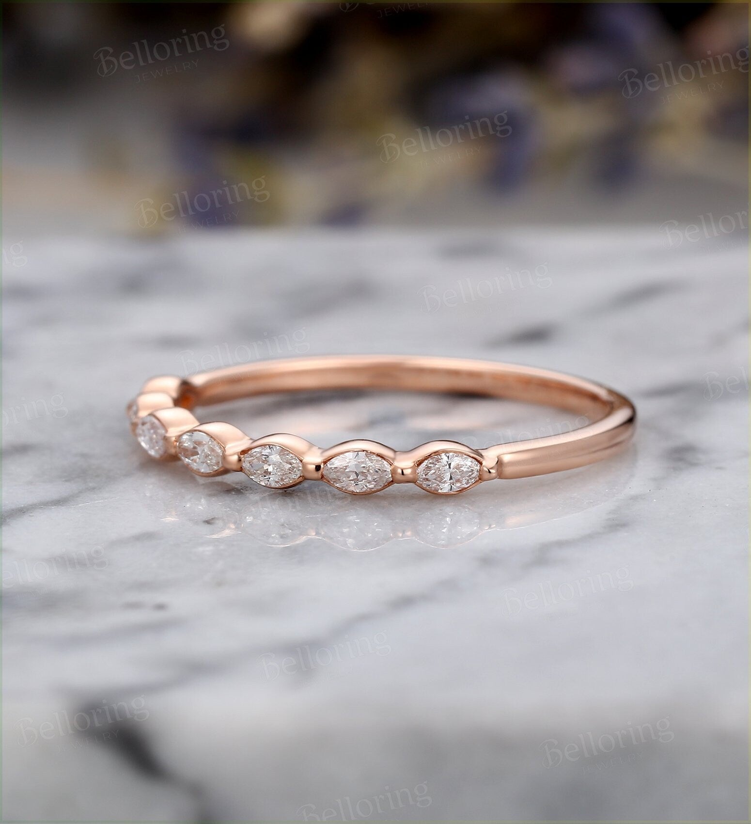 Marquise cut Diamond wedding band vintage rose gold  7 stones dainty  antique unique bridal set Promise Matching band