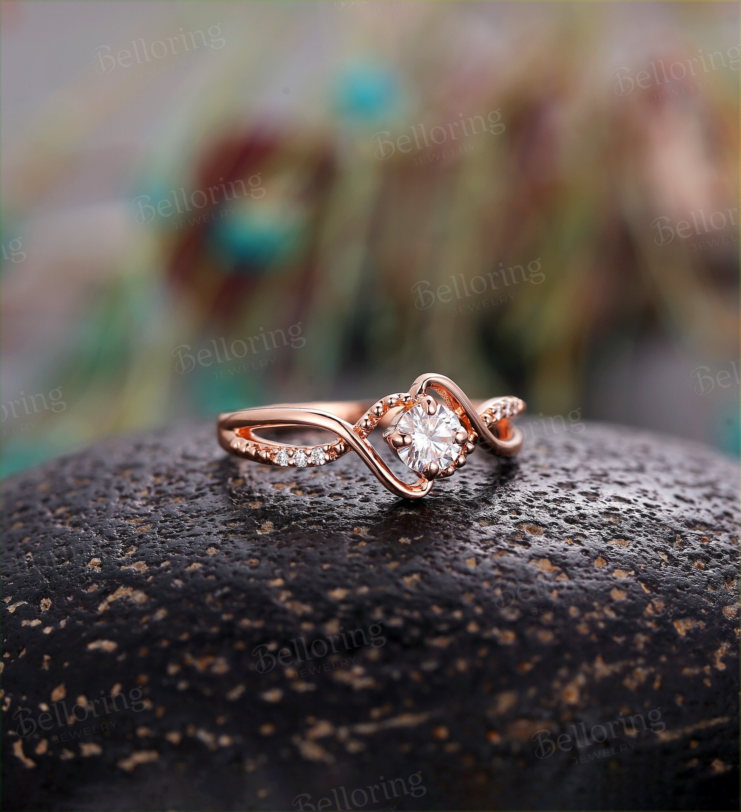 Art deco engagement ring Vintage antique moissanite halo diamond rose gold Unique wedding   Jewelry birthstone Anniversary wedding ring