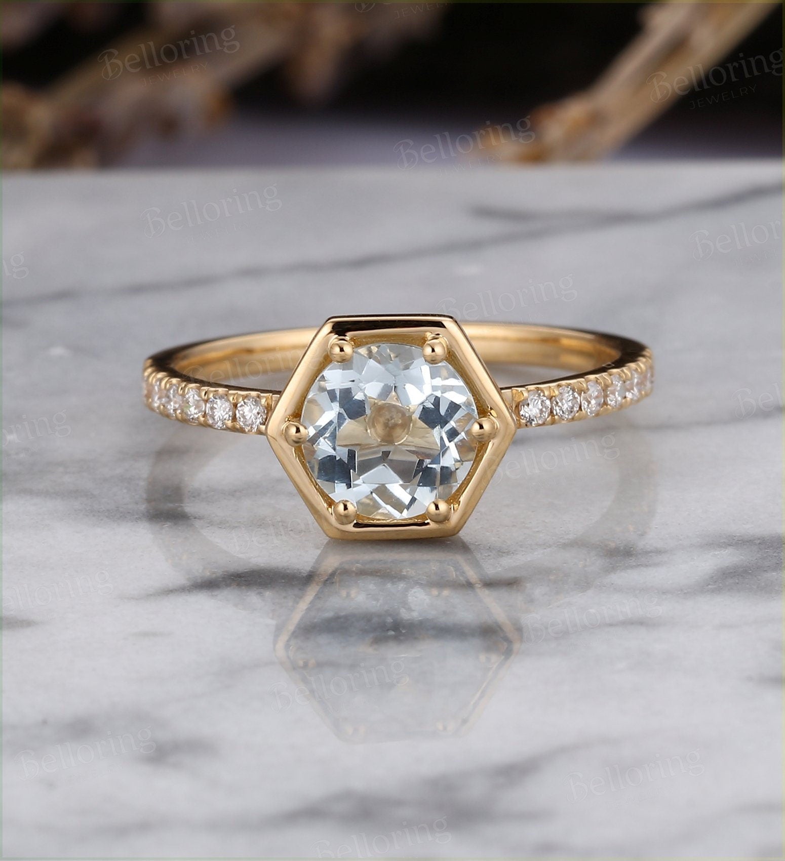 Aquamarine Engagement Ring  Gold vintage hexagon cut Art Deco diamond wedding ring  Promise Anniversary wedding ring