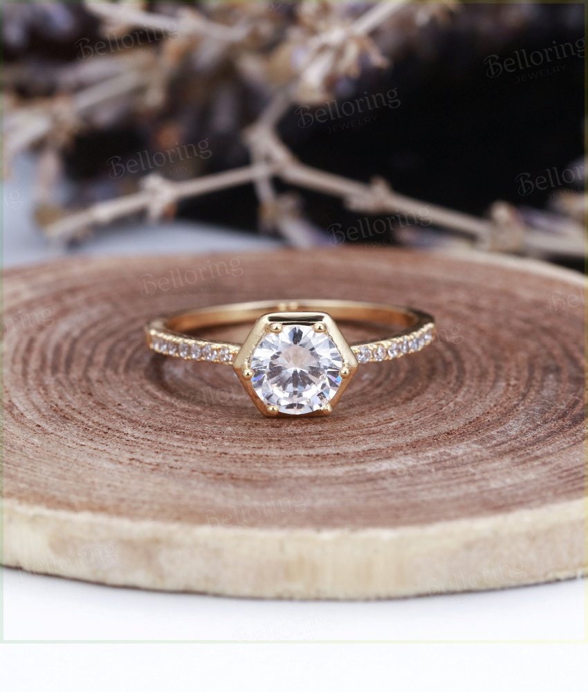 Moissanite Engagement Ring  Gold vintage hexagon cut Art Deco diamond wedding ring  Promise Anniversary wedding ring