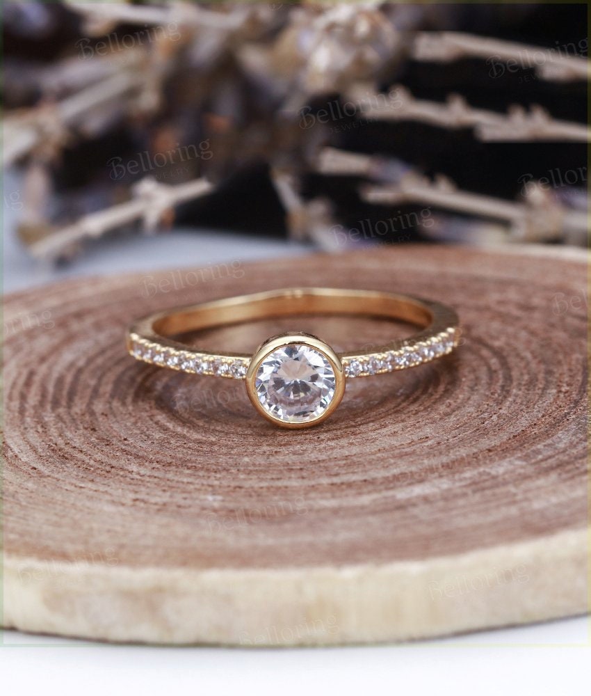 Moissanite Engagement Ring  yellow Gold vintage round cut Art Deco Antique diamond wedding  Promise Anniversary wedding ring