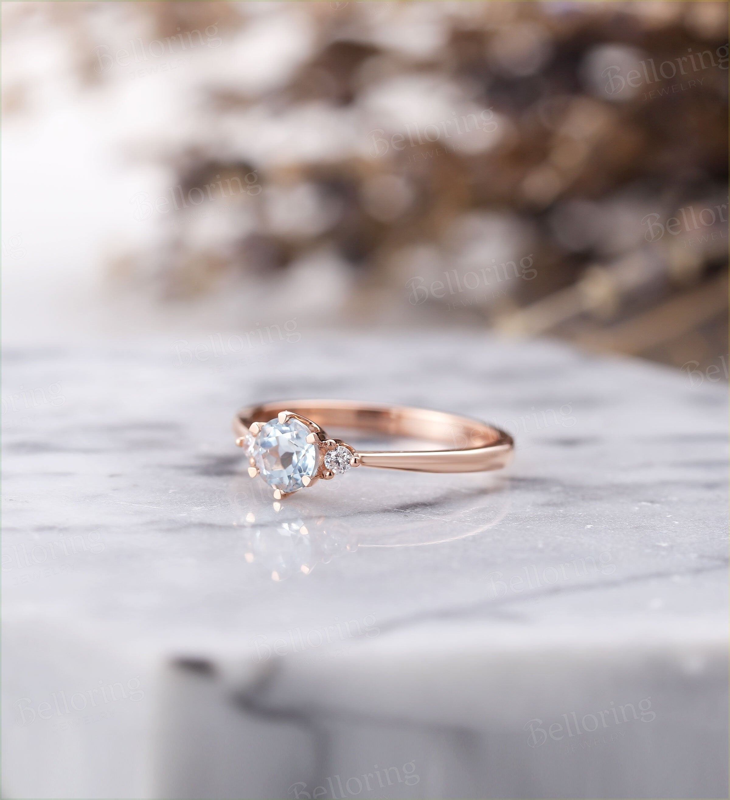 Aquamarine engagement ring Vintage Diamond rose gold Unique  Art deco 3 stone ring Jewelry birthstone Anniversary wedding ring