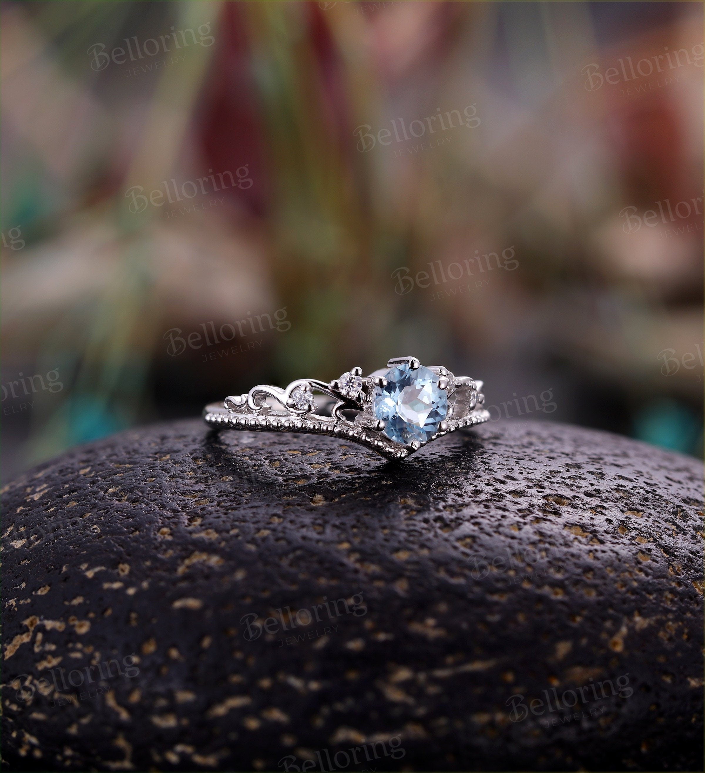 Aquamarine engagement ring  white gold vintage diamond unique art deco Wedding alternative anniversary promise Jewelry wedding ring