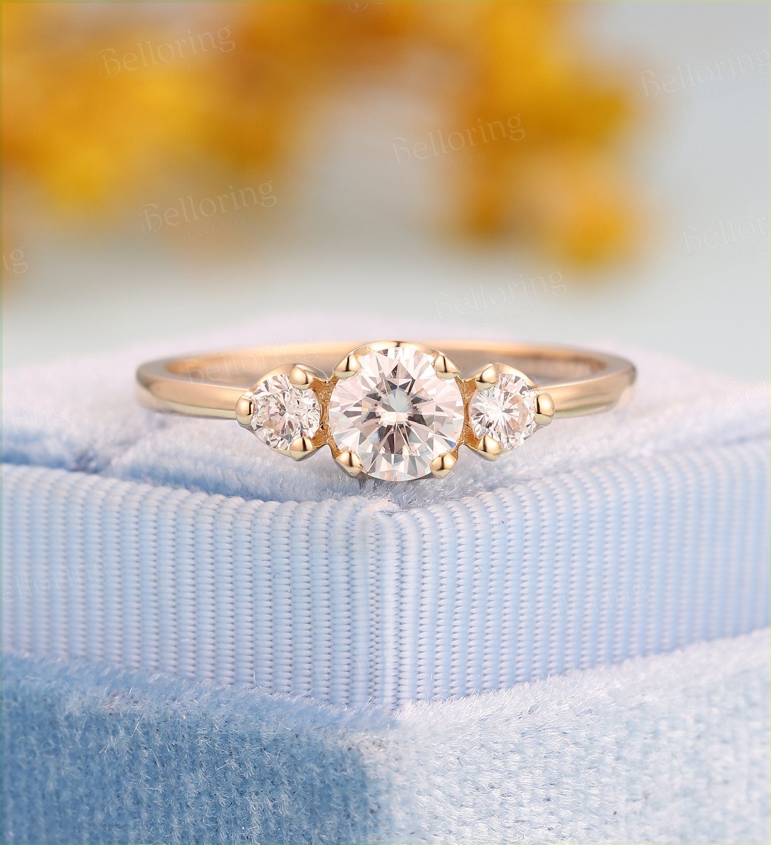 Moissanite engagement ring Vintage antique 3 stone ring rose gold Unique wedding  art deco Jewelry promise Anniversary wedding ring