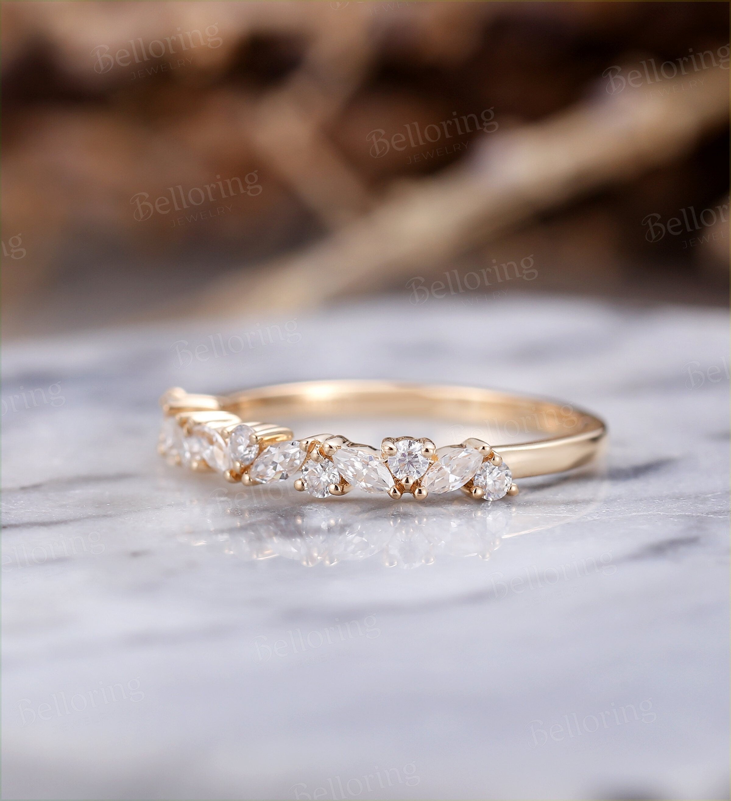 Marquise cut & round Moissanite wedding band vintage yellow gold  Half eternity antique unique bridal set Promise Matching band