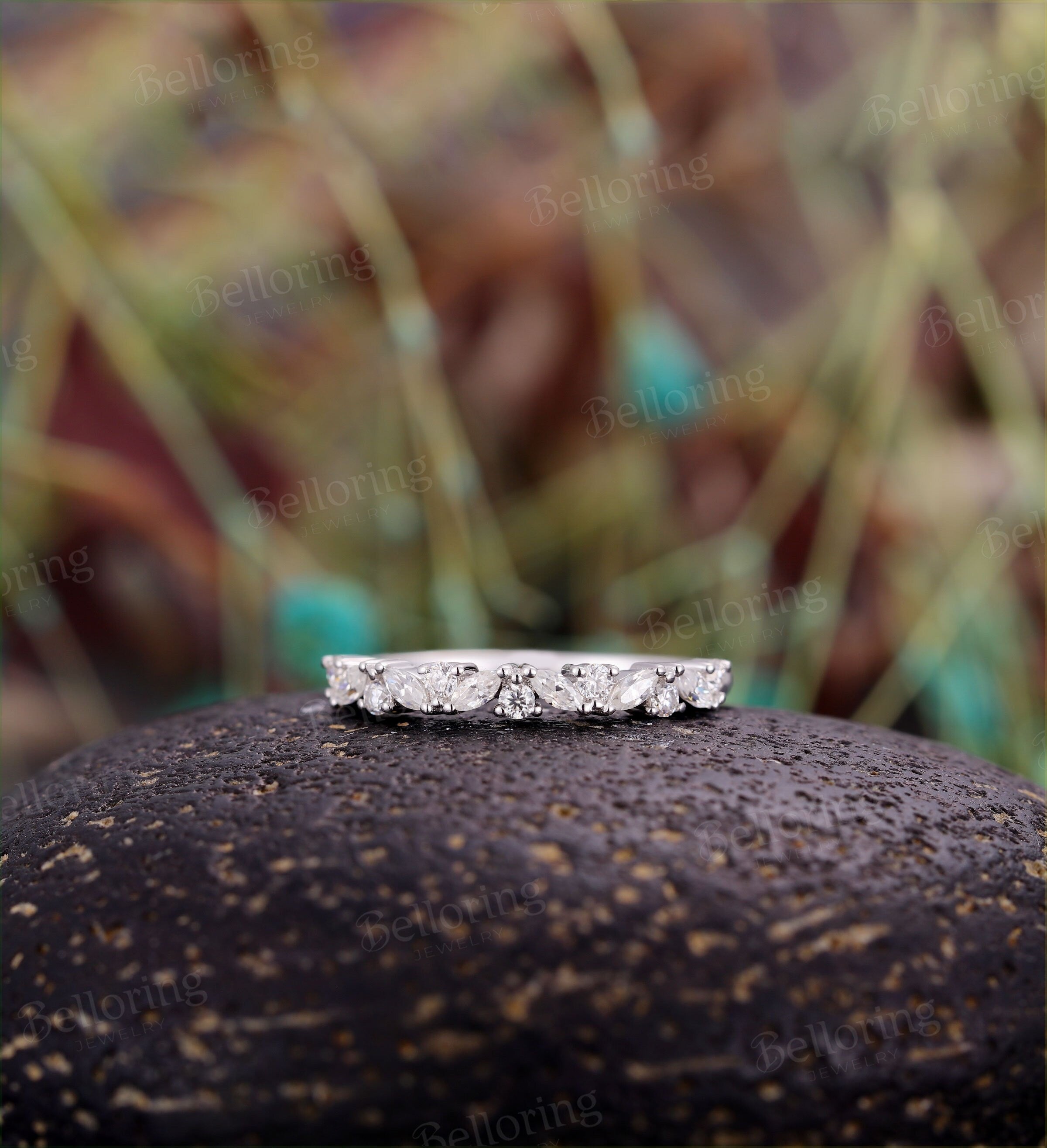 Hammered finish Marquise cut & round Moissanite wedding band vintage white gold  Half eternity antique unique Promise Matching band