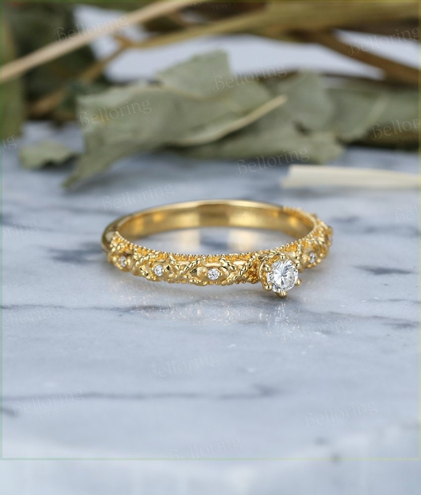 Alternative engagement ring vintage Moissanite 14k yellow gold Antique milgrain Prong set wedding  Unique Birthstone Jewelry gift