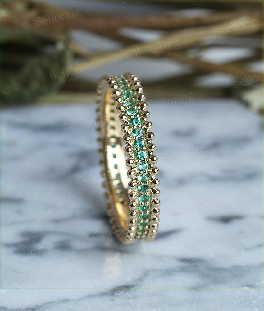 Emerald wedding band  14k yellow gold  Unique full eternity Antique Stacking ring milgrain Bridal Jewelry Anniversary Gift for her