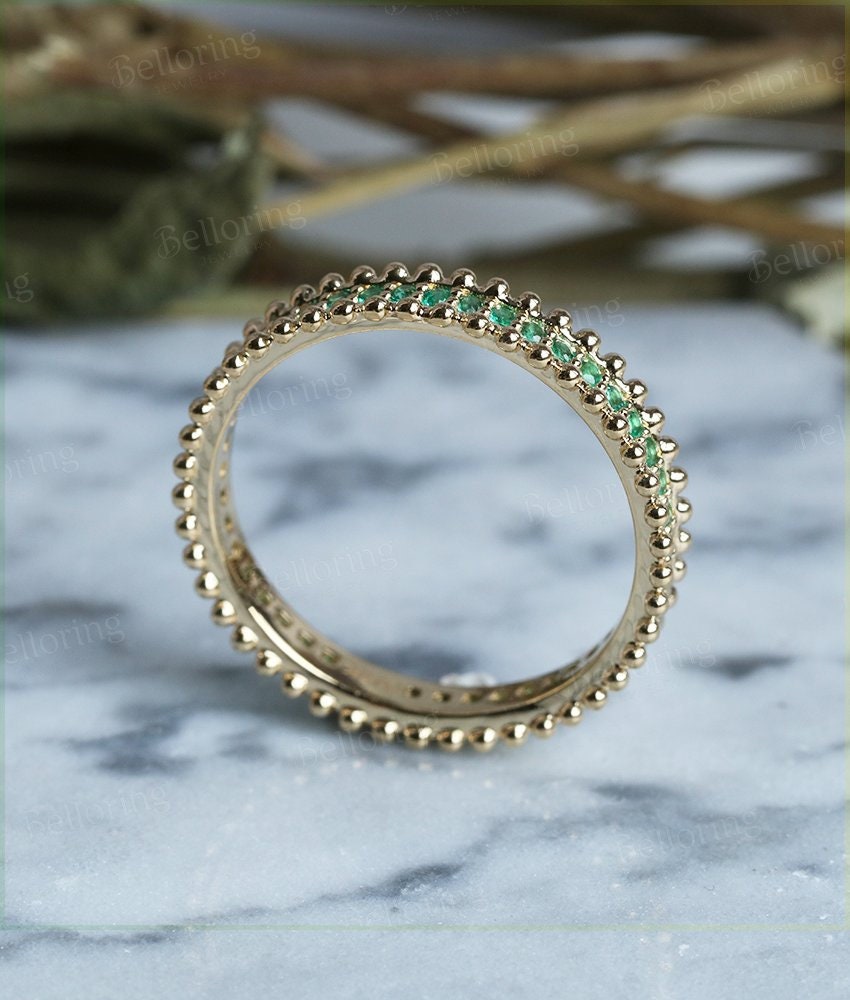 Emerald wedding band  14k yellow gold  Unique full eternity Antique Stacking ring milgrain Bridal Jewelry Anniversary Gift for her