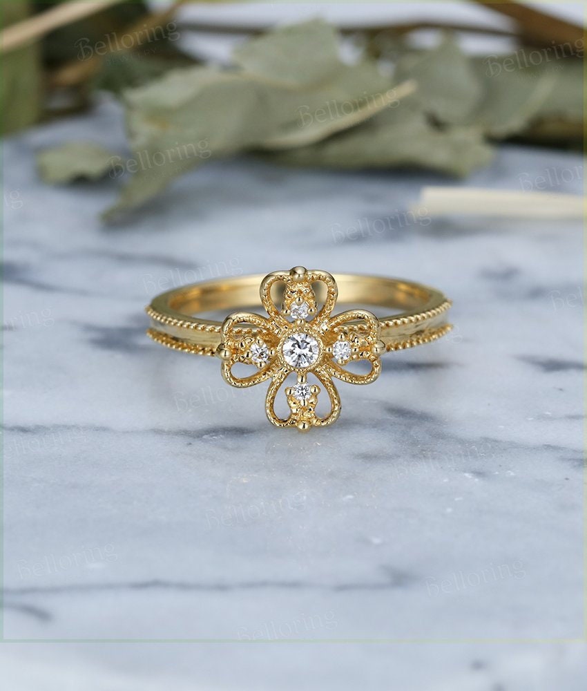 Alternative engagement ring vintage round cut  yellow gold Antique Halo diamond wedding  Unique bridal Birthstone Jewelry Anniversary