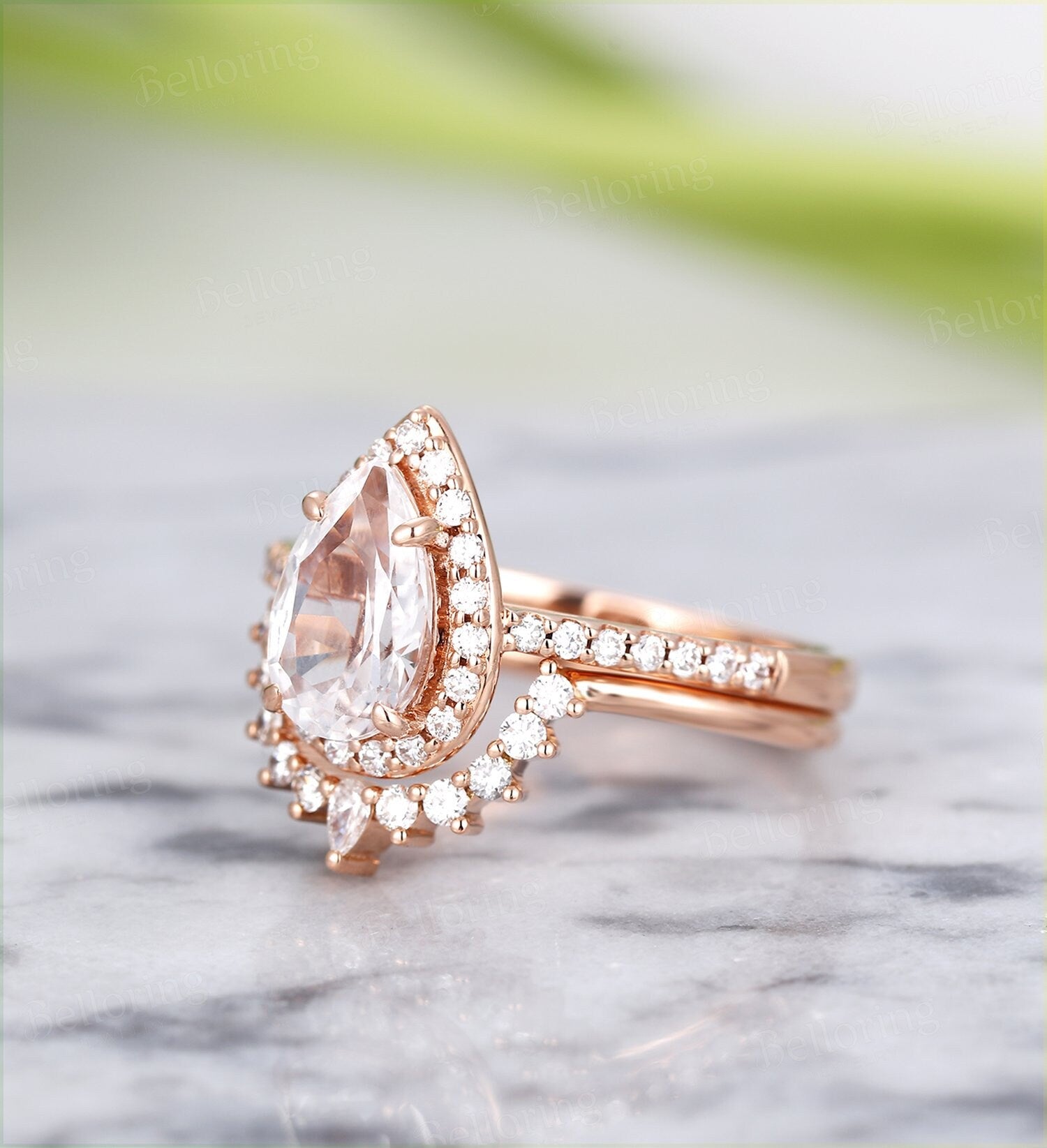 Moissanite engagement ring set vintage rose gold Pear cut Antique Halo diamond Half eternity Wedding rings for  Jewelry wedding ring