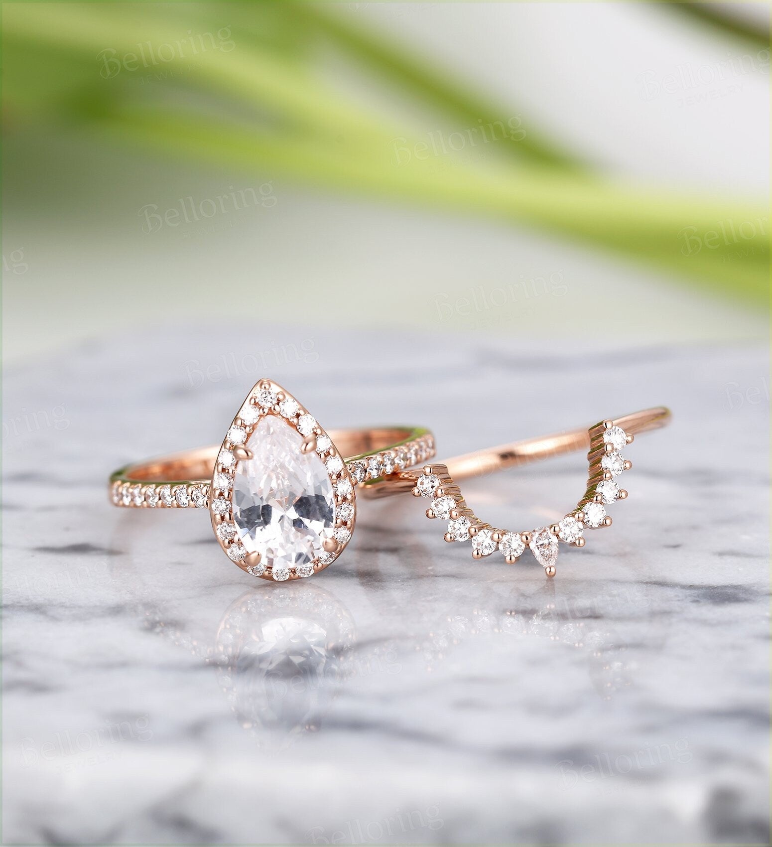 Moissanite engagement ring set vintage rose gold Pear cut Antique Halo diamond Half eternity Wedding rings for  Jewelry wedding ring