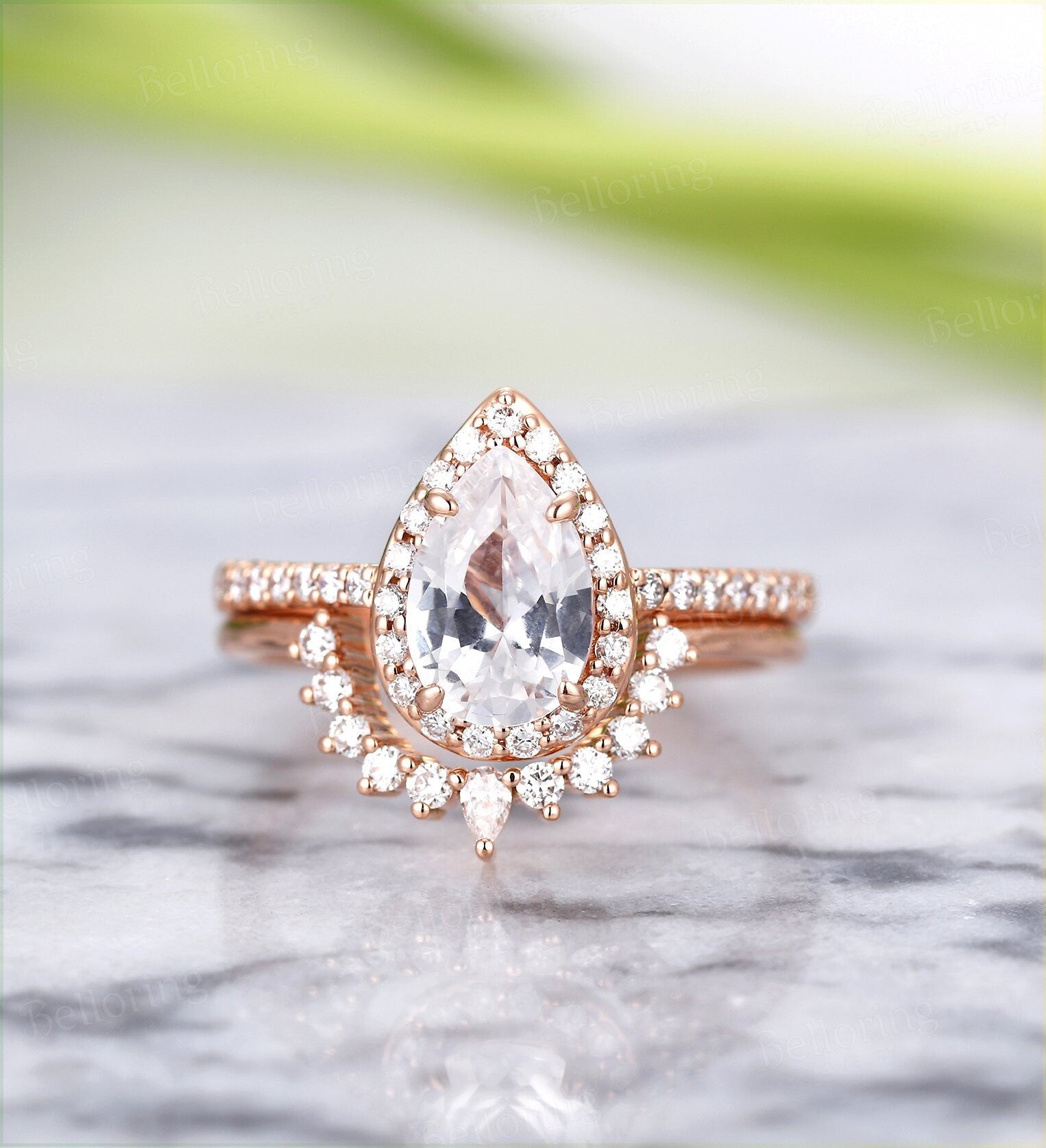 Moissanite engagement ring set vintage rose gold Pear cut Antique Halo diamond Half eternity Wedding rings for  Jewelry wedding ring