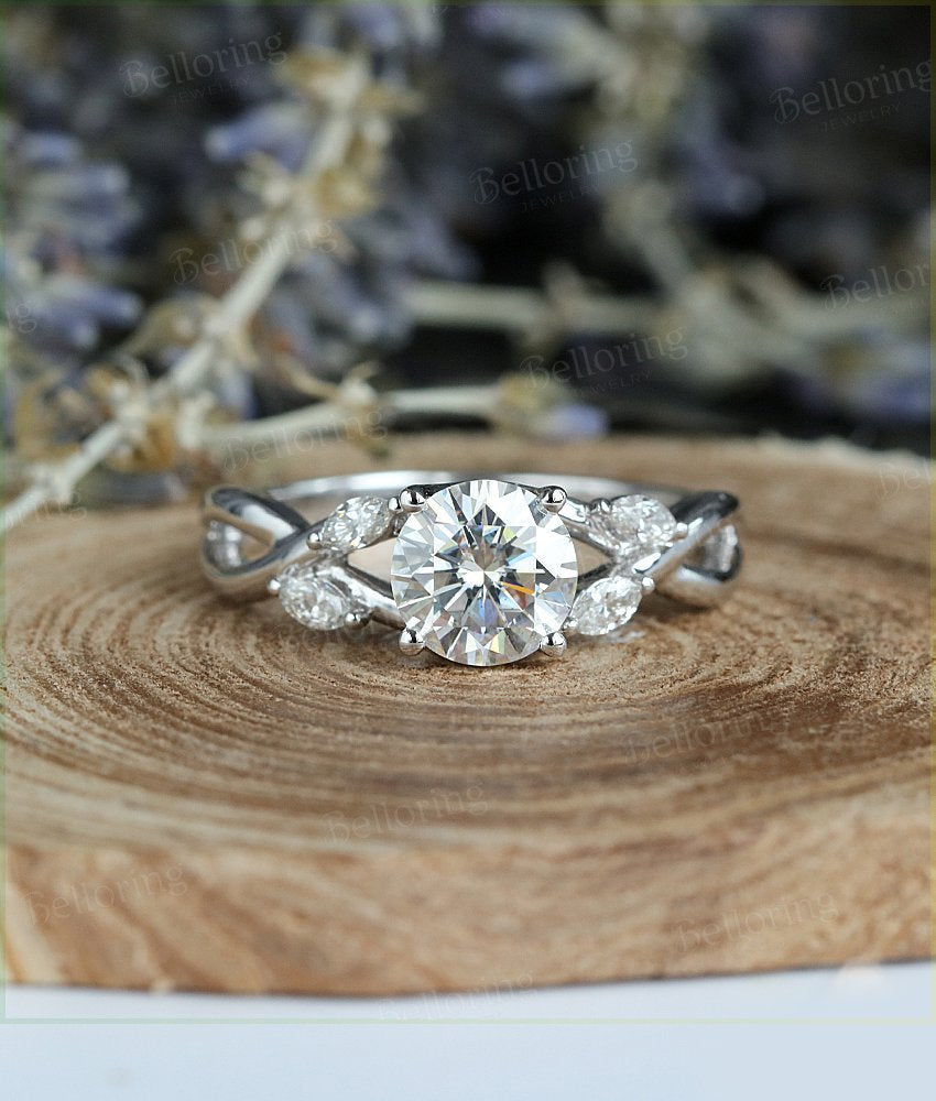 Moissanite engagement ring 14k white gold round cut vintage Halo diamond Half eternity Wedding  Bridal Jewelry Anniversary wedding ring