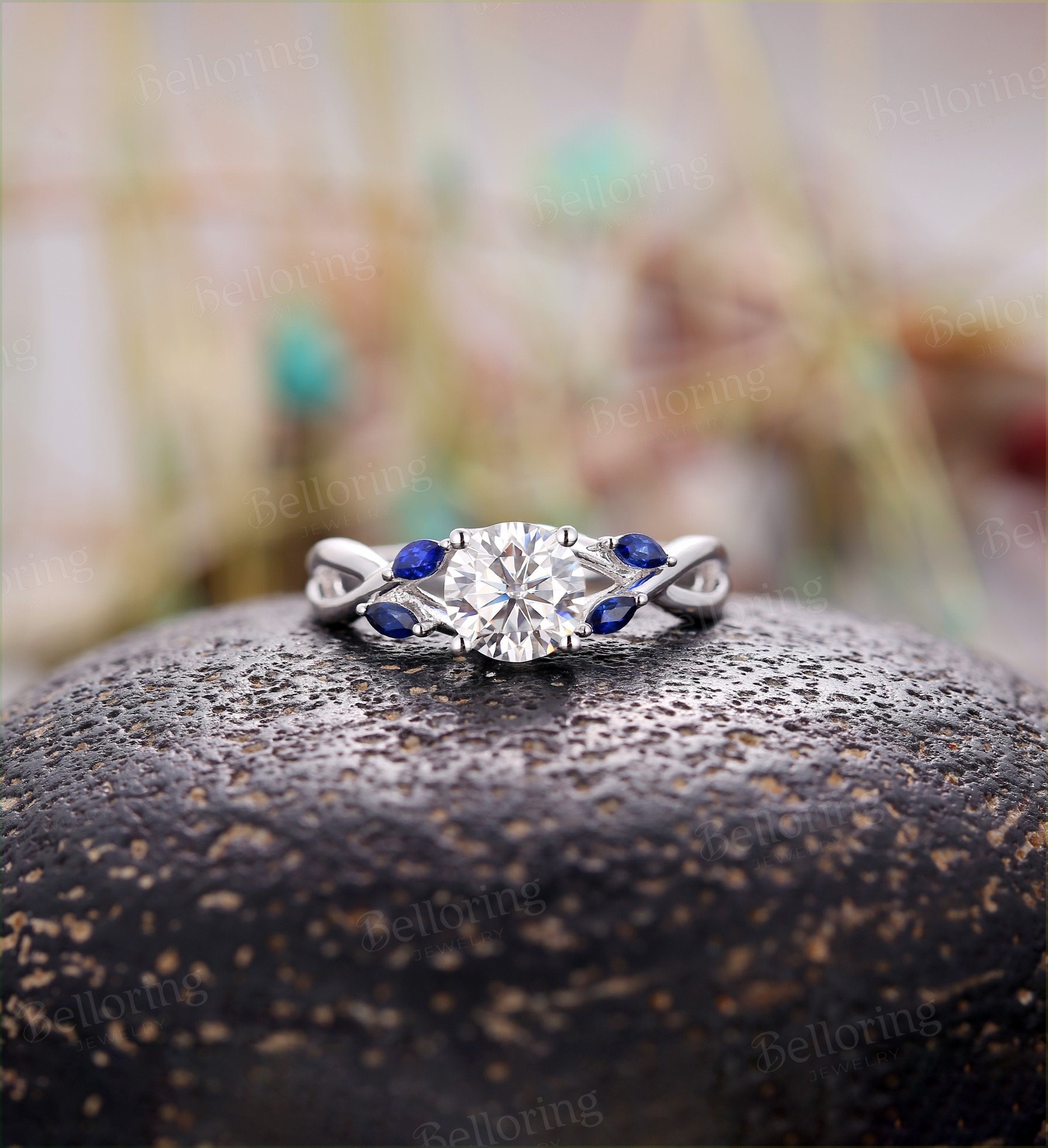 Moissanite engagement ring 14k white gold marquise cut lab sapphire vintage Wedding ring for  unique Jewelry Anniversary wedding ring