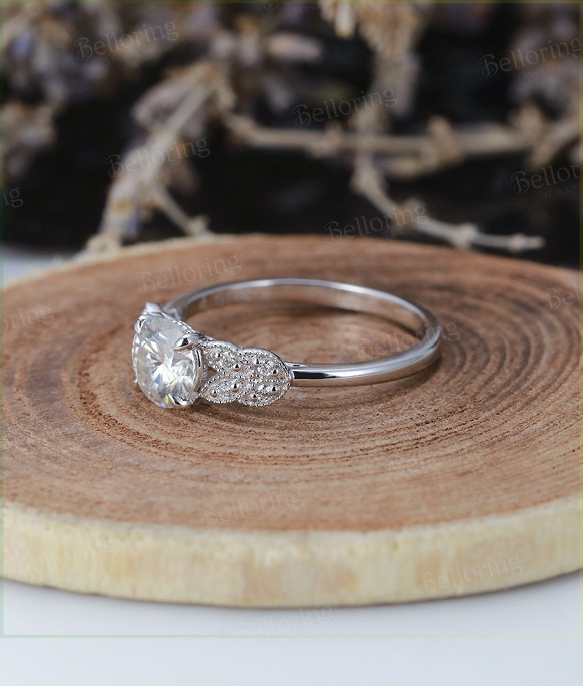 Moissanite Engagement Ring  white Gold vintage round cut diamond  unique wedding ring   Promise Anniversary wedding ring