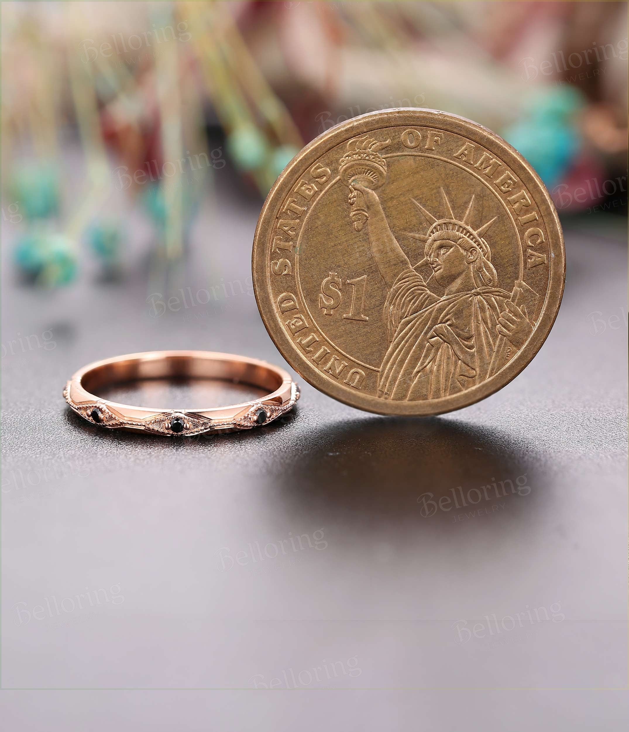 14k rose gold wedding band  vintage Black diamond  bridal ring Stacking ring Promise ring Matching band milgrain ring wedding ring