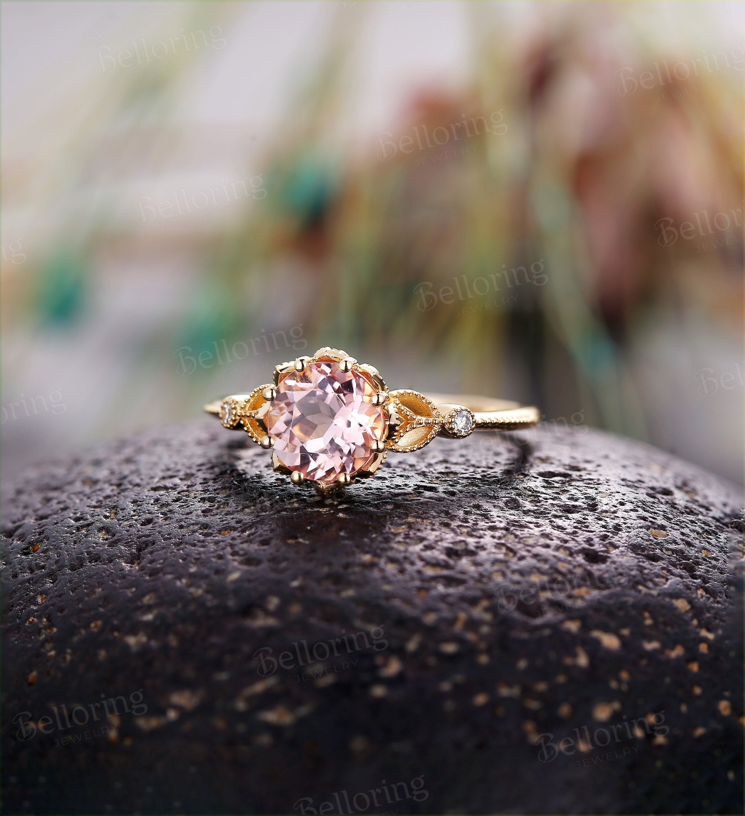 Morganite engagement ring yellow gold art deco vintage rings for  antique milgrain Jewelry Anniversary wedding ring promise ring