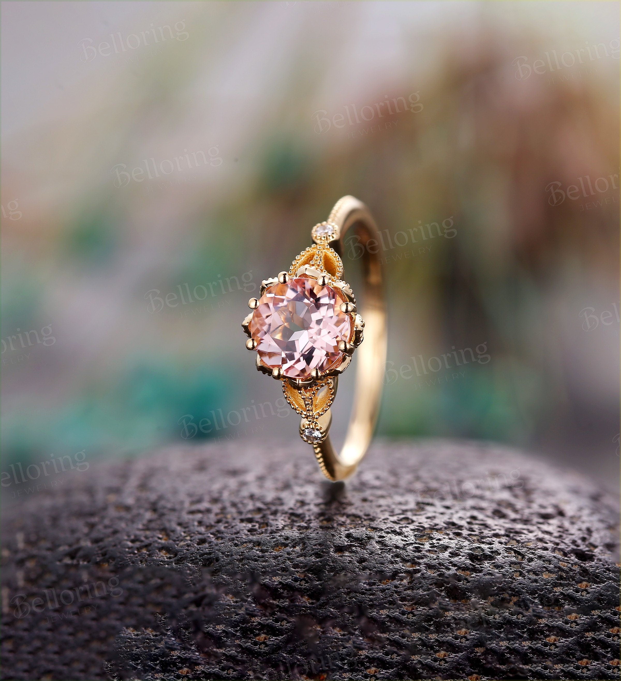 Morganite engagement ring yellow gold art deco vintage rings for  antique milgrain Jewelry Anniversary wedding ring promise ring