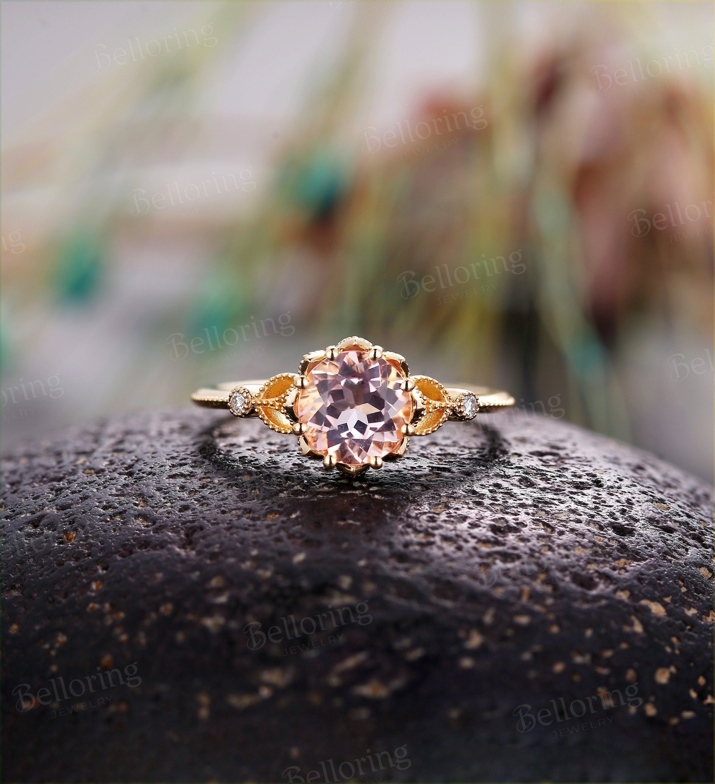 Morganite engagement ring yellow gold art deco vintage rings for  antique milgrain Jewelry Anniversary wedding ring promise ring