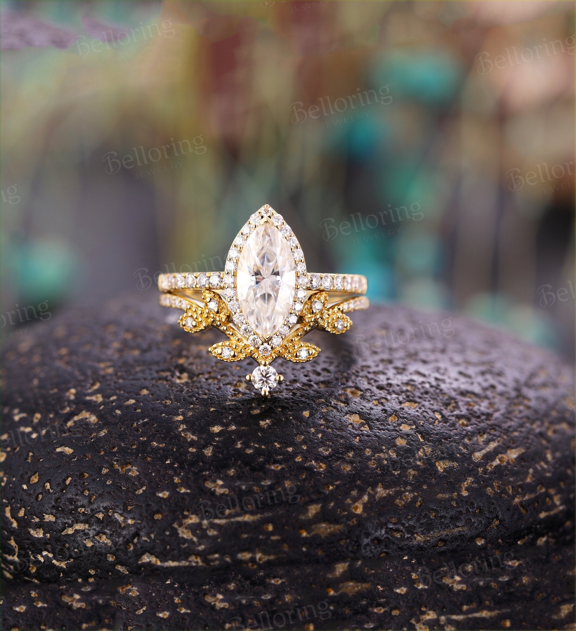 Marquise cut Moissanite engagement ring set vintage yellow gold halo half eternity leaf Wedding band  Jewelry Anniversary wedding ring