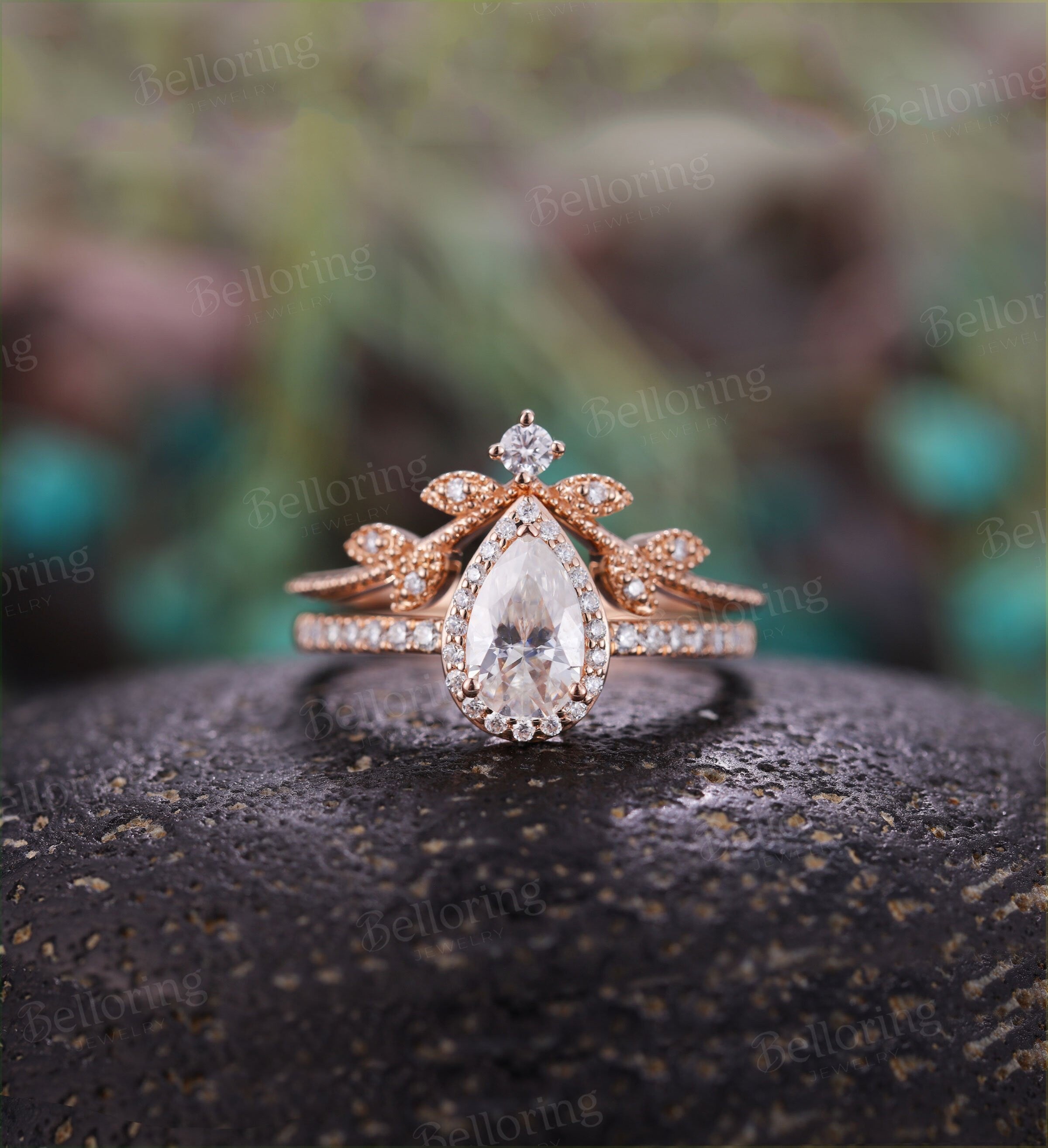 Moissanite engagement ring set vintage rose gold Pear cut Antique Halo diamond Half eternity Wedding  Jewelry Anniversary wedding ring