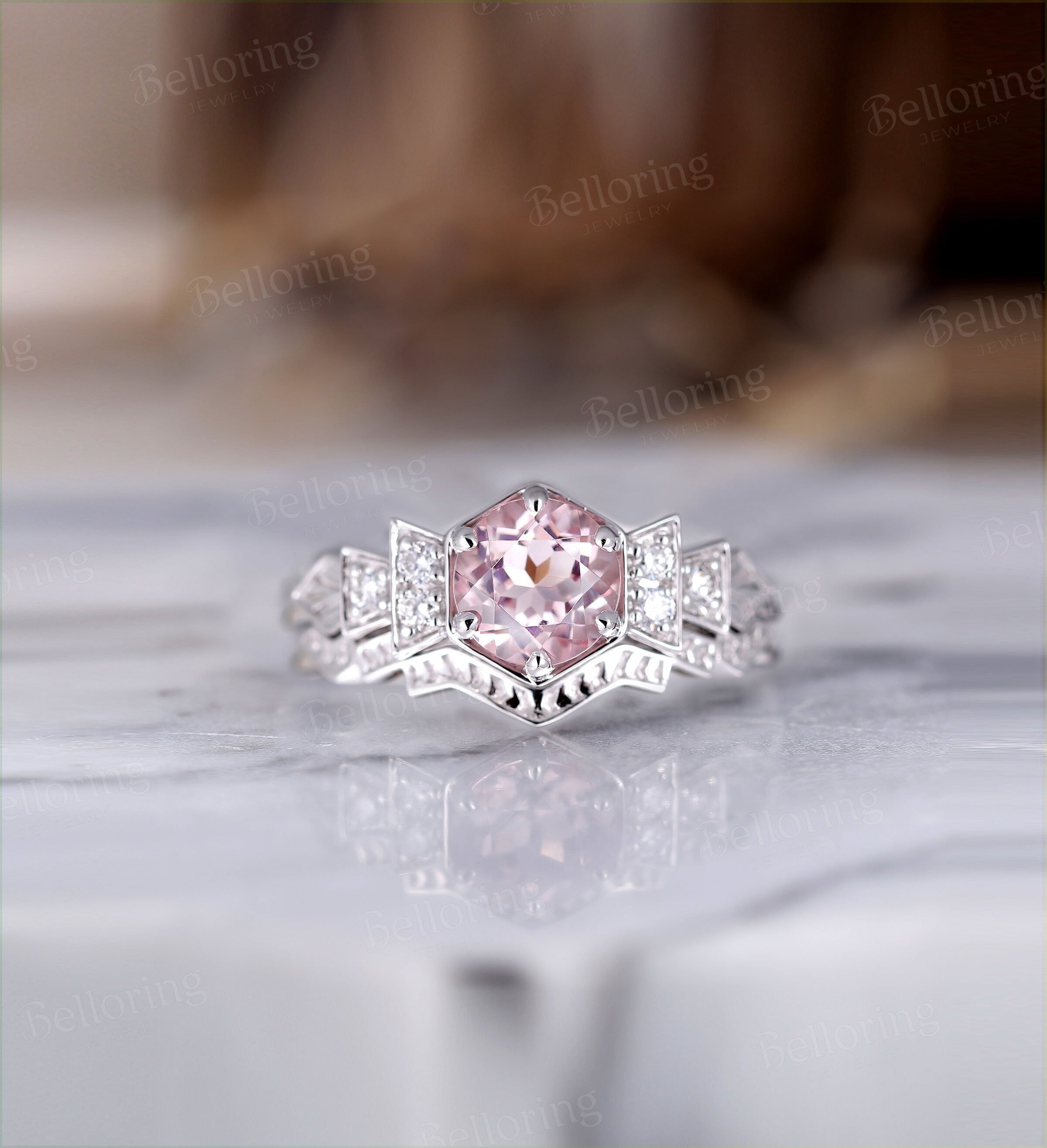 Morganite engagement ring white gold vintage engagement ring set Art deco Moissanite   Bridal set Anniversary Promise wedding ring