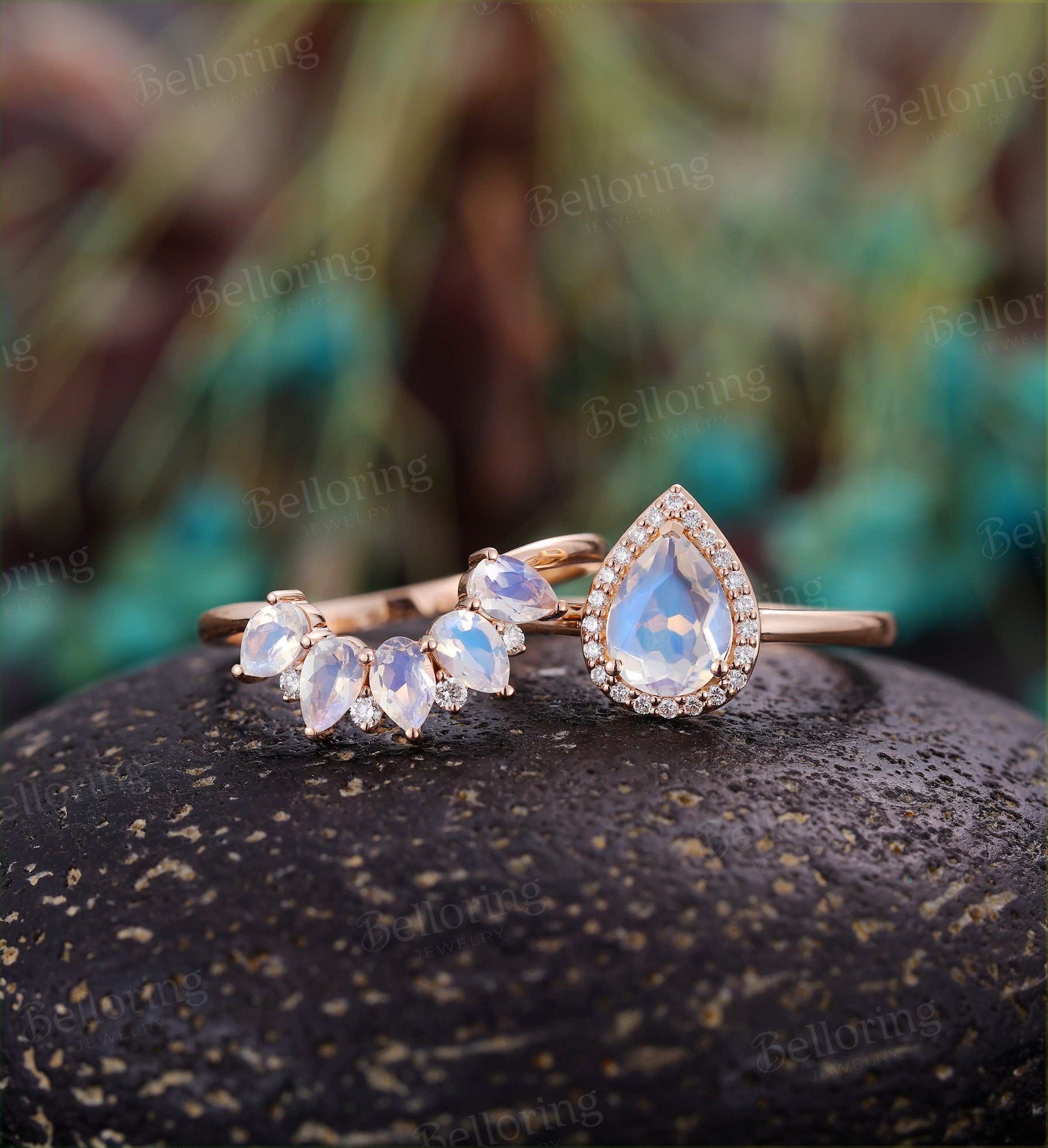 Moonstone engagement ring  vintage pear shaped moissanite unique Wedding Ring set Jewelry art deco birthstone Anniversary wedding ring