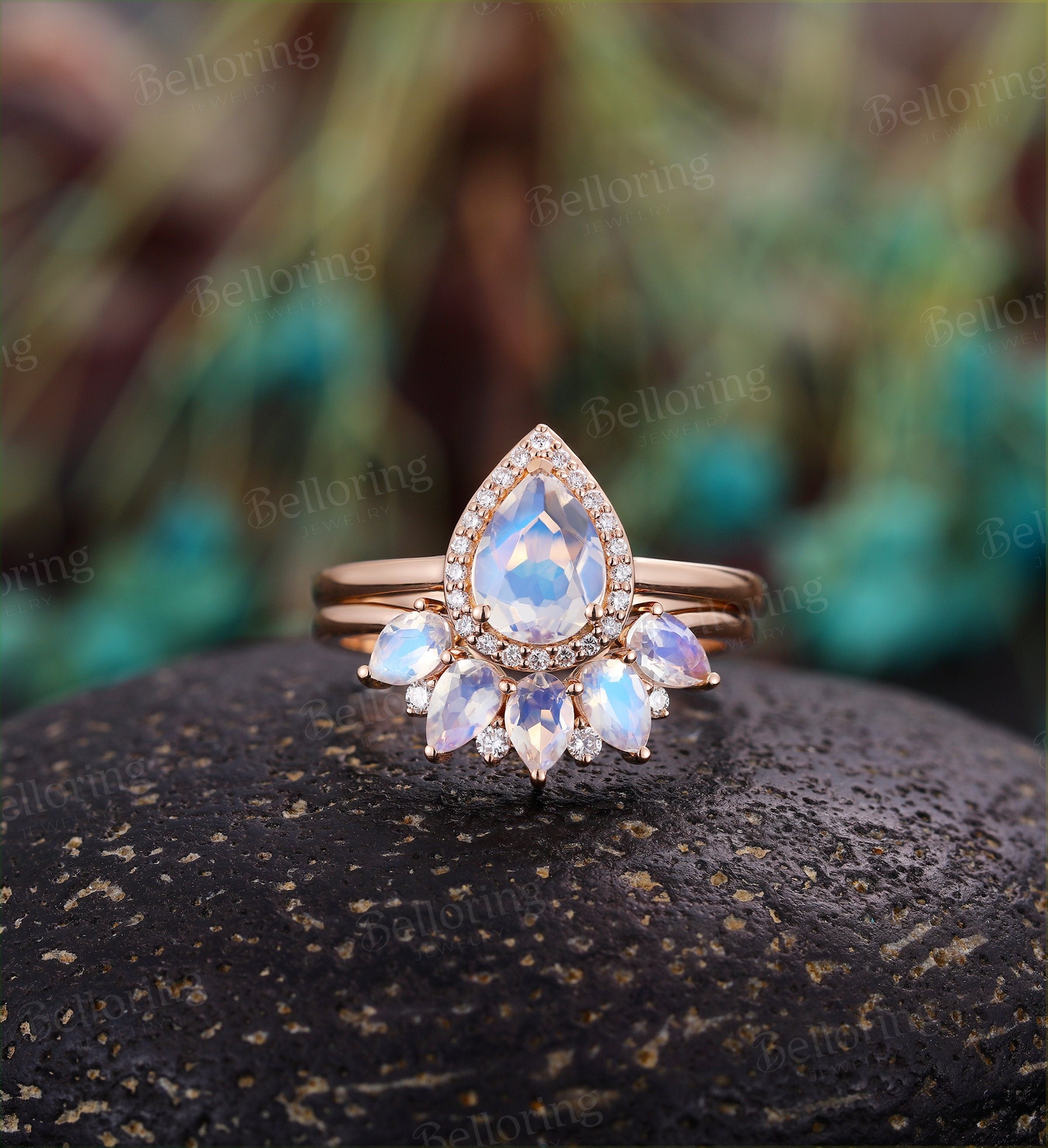 Moonstone engagement ring  vintage pear shaped moissanite unique Wedding Ring set Jewelry art deco birthstone Anniversary wedding ring