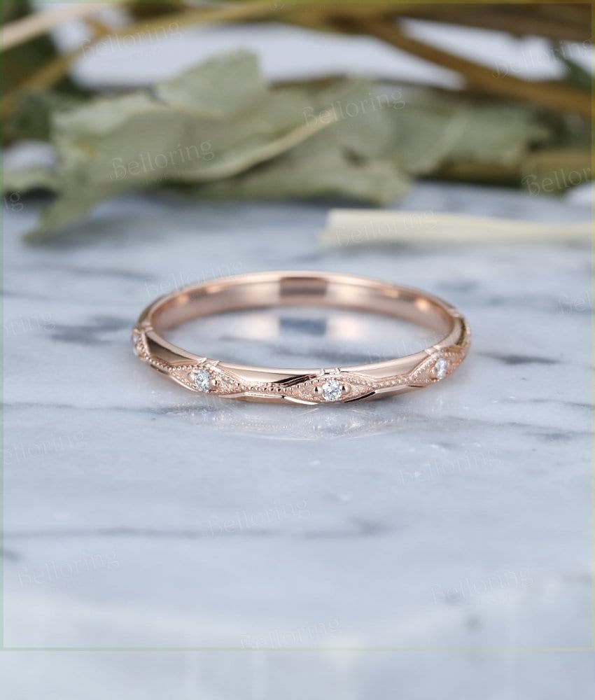 14k rose gold wedding band  vintage  Eternity halo diamond  bridal set Stacking Promise Matching band Jewelry Anniversary wedding ring