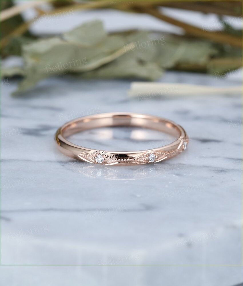 14k rose gold wedding band  vintage  Eternity halo diamond  bridal set Stacking Promise Matching band Jewelry Anniversary wedding ring