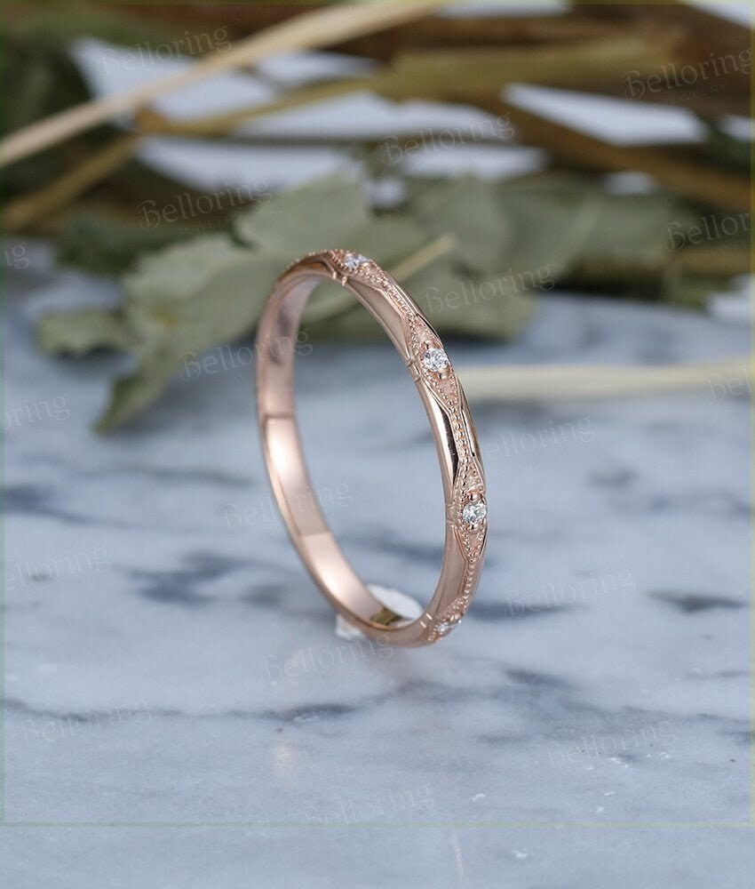 14k rose gold wedding band  vintage  Eternity halo diamond  bridal set Stacking Promise Matching band Jewelry Anniversary wedding ring