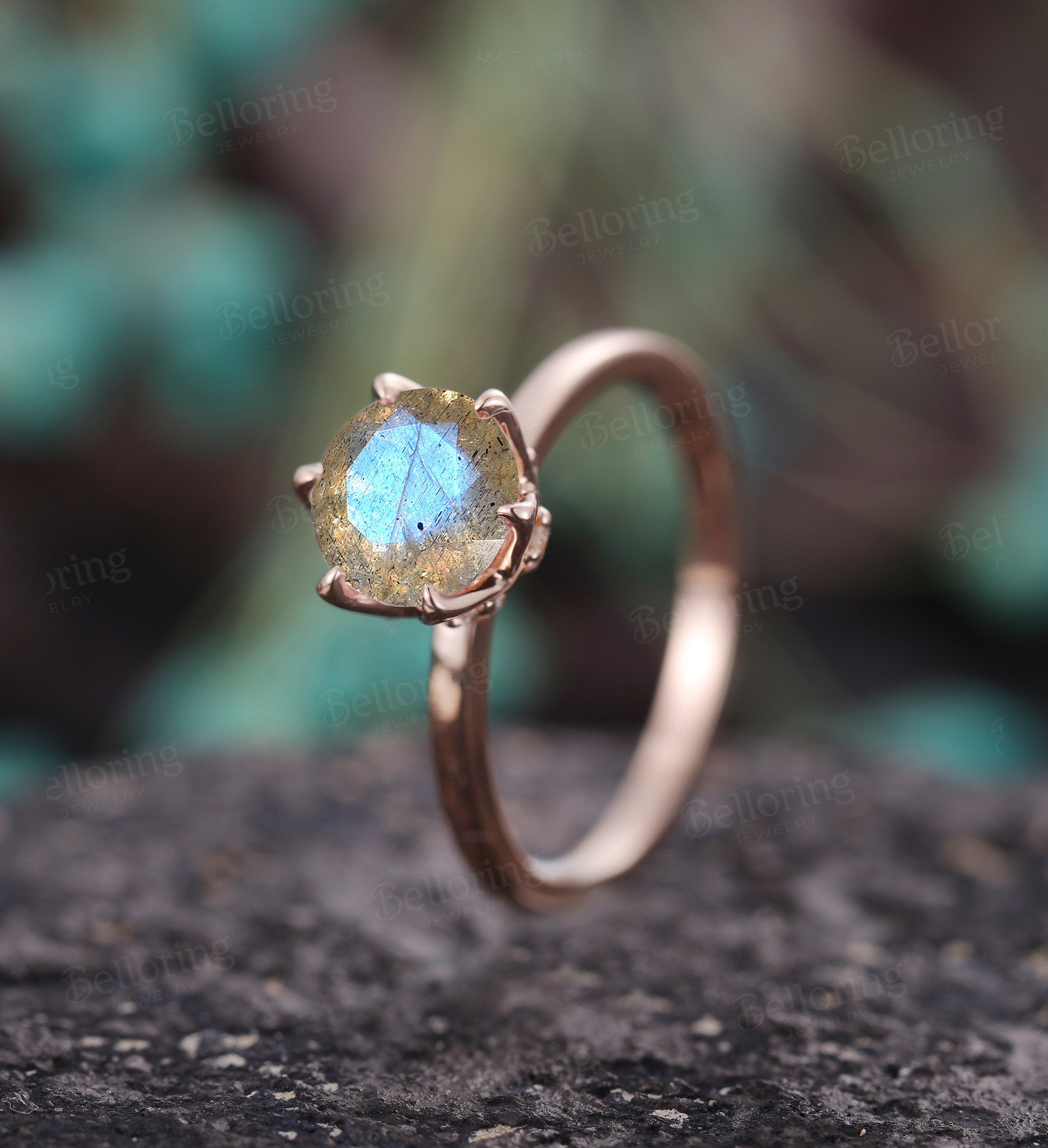 Labradorite engagement ring vintage prong set unique rose gold diamond art deco promise ring solitaire ring anniversary wedding ring