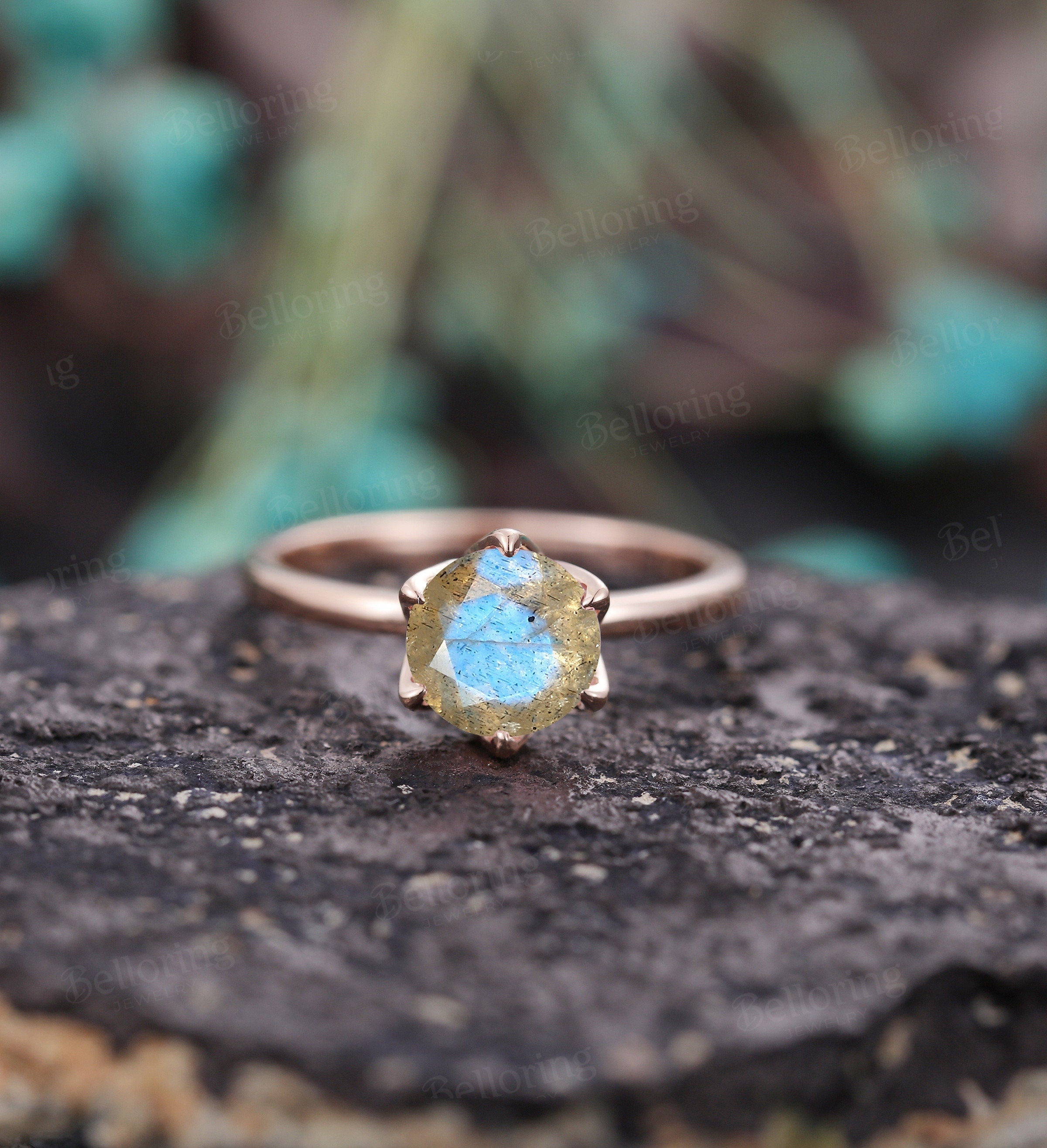 Labradorite engagement ring vintage prong set unique rose gold diamond art deco promise ring solitaire ring anniversary wedding ring