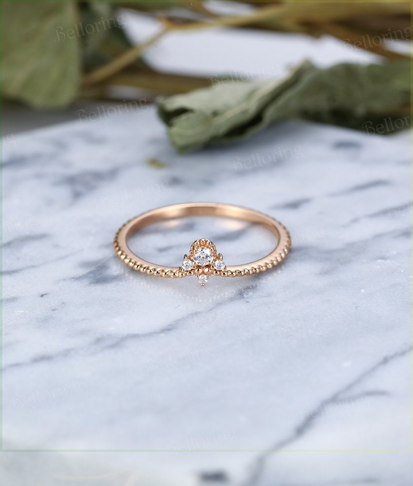 Diamond wedding band Art Deco Vintage  14k rose Gold unique round cut  Antique wedding ring   Promise Anniversary wedding ring