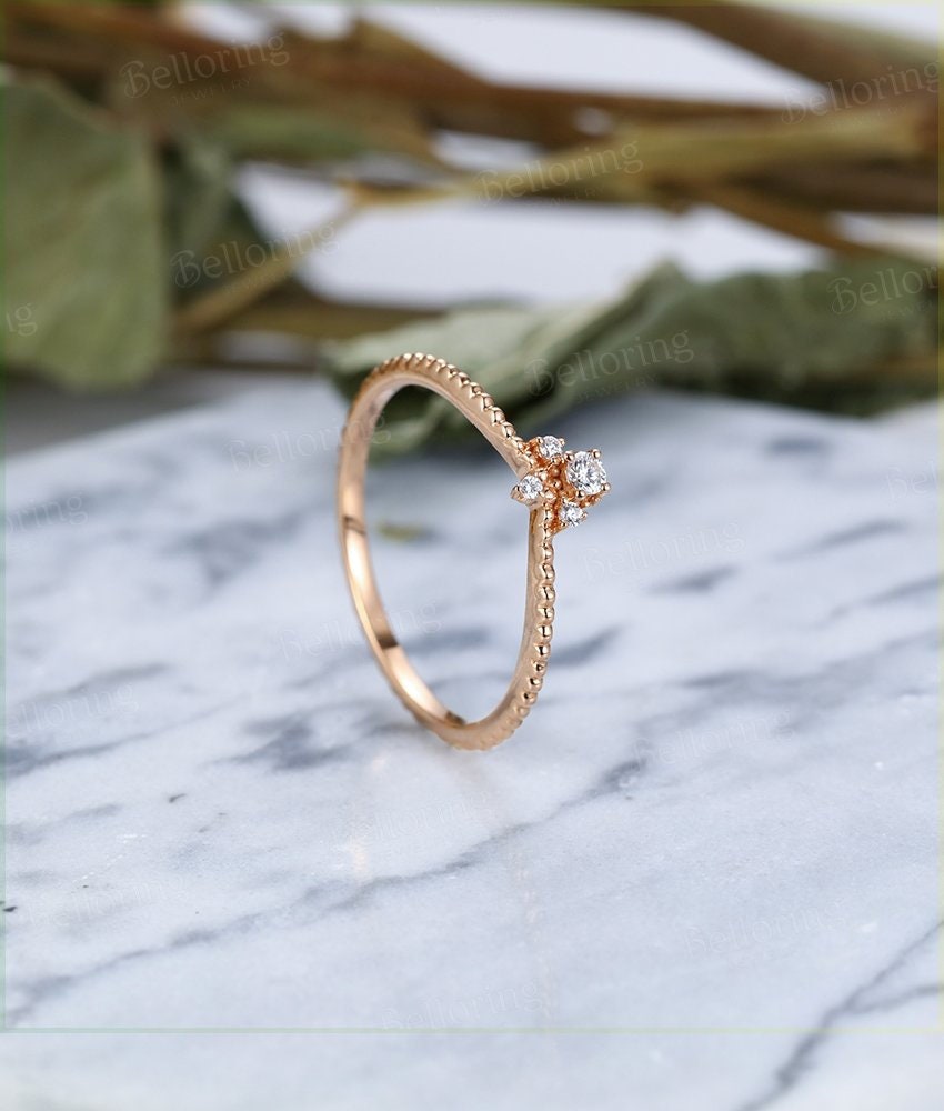 Diamond wedding band Art Deco Vintage  14k rose Gold unique round cut  Antique wedding ring   Promise Anniversary wedding ring