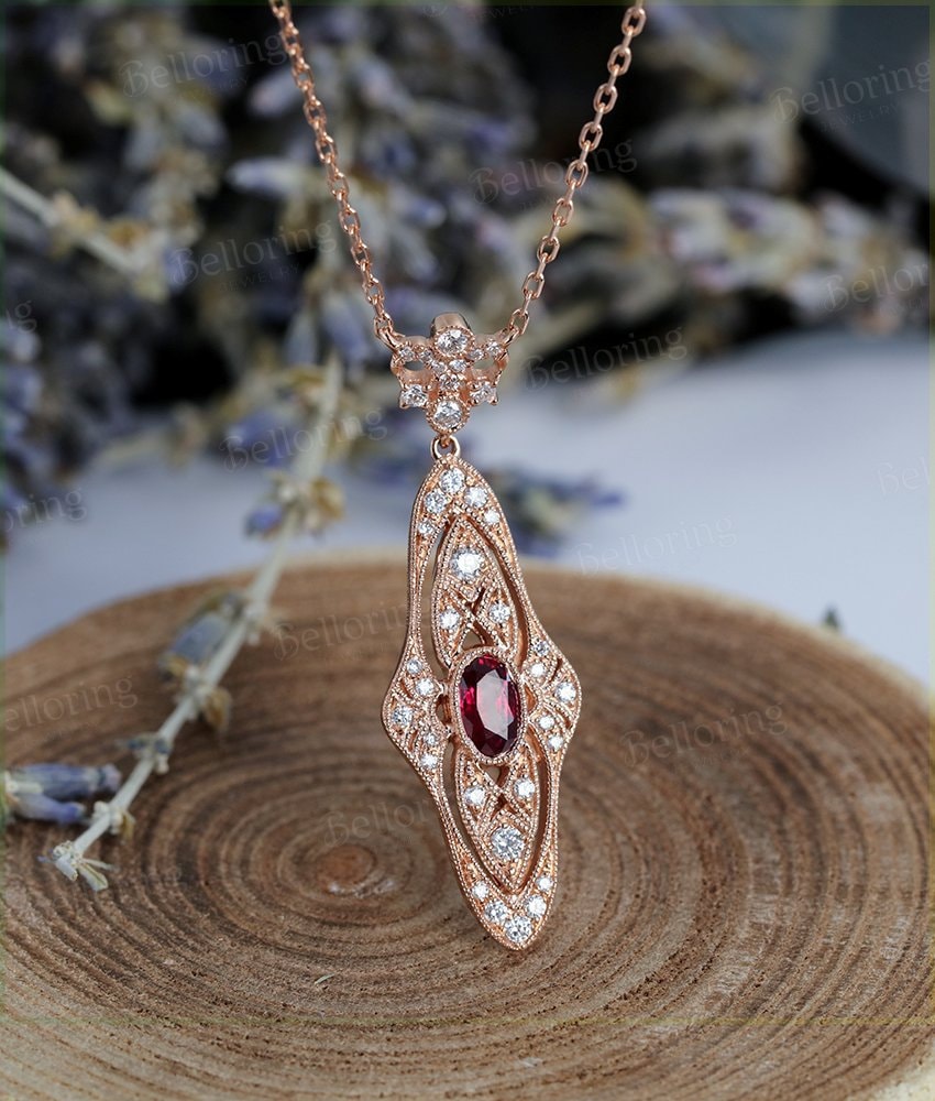 oval shaped Ruby wedding necklace bridal  Baguette diamond  vintage Cameo Necklaces Solid 14K rose gold  Anniversary wedding ring