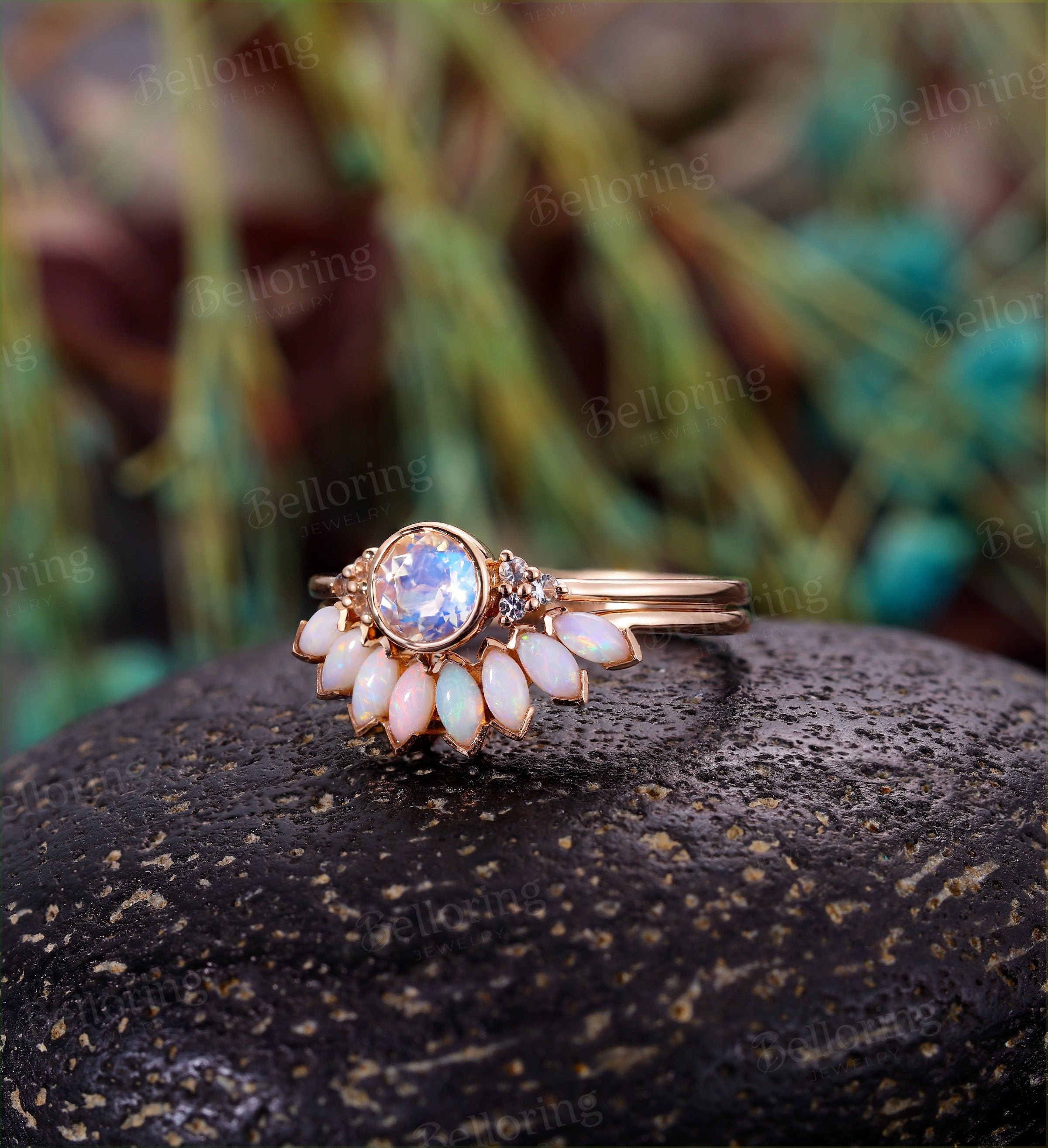 Moonstone engagement ring for ,Marquise cut opal wedding band 8 petals,Vintage rose gold wedding ring,Art deco Jewelry Anniversary gift