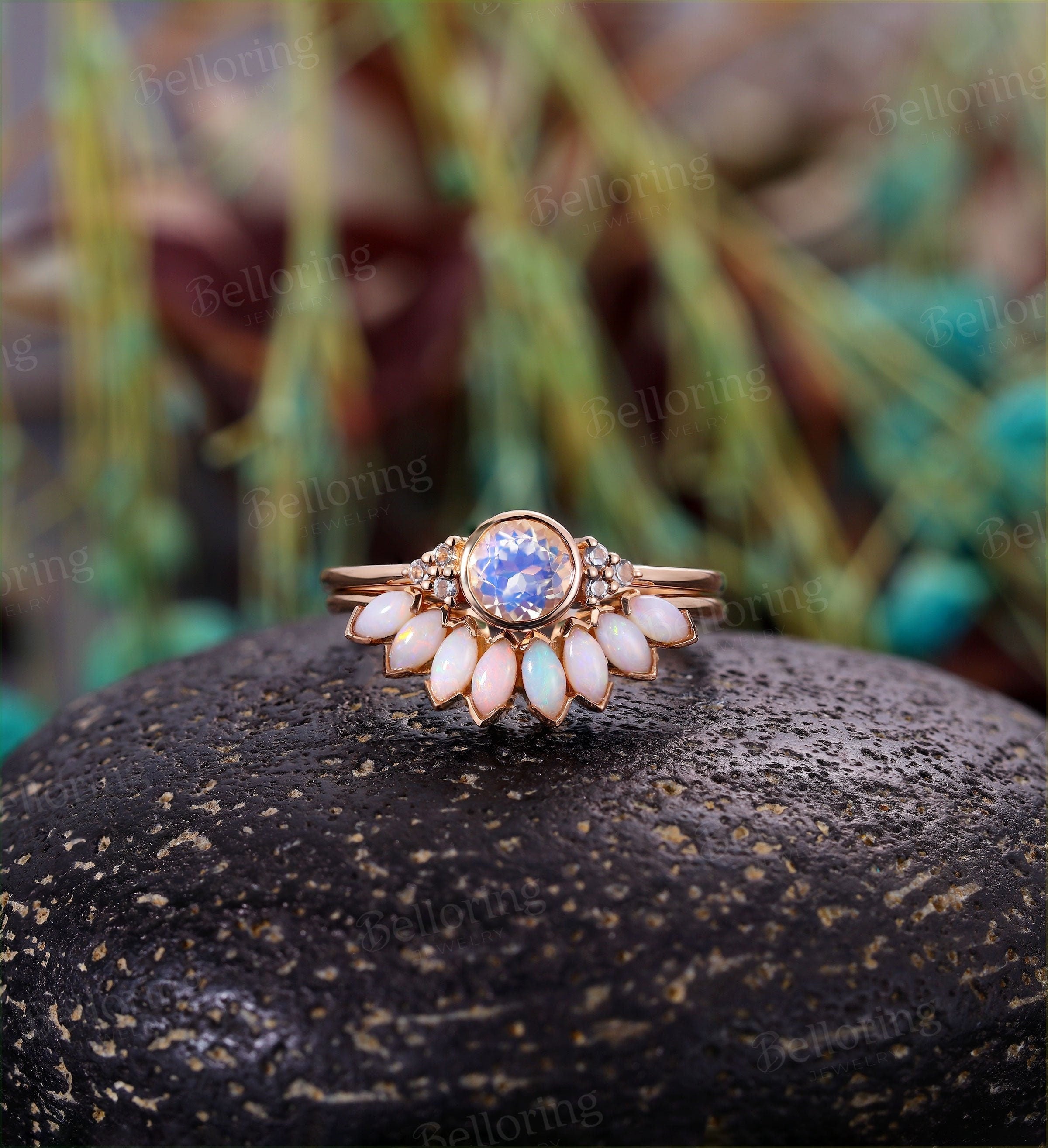 Moonstone engagement ring for ,Marquise cut opal wedding band 8 petals,Vintage rose gold wedding ring,Art deco Jewelry Anniversary gift