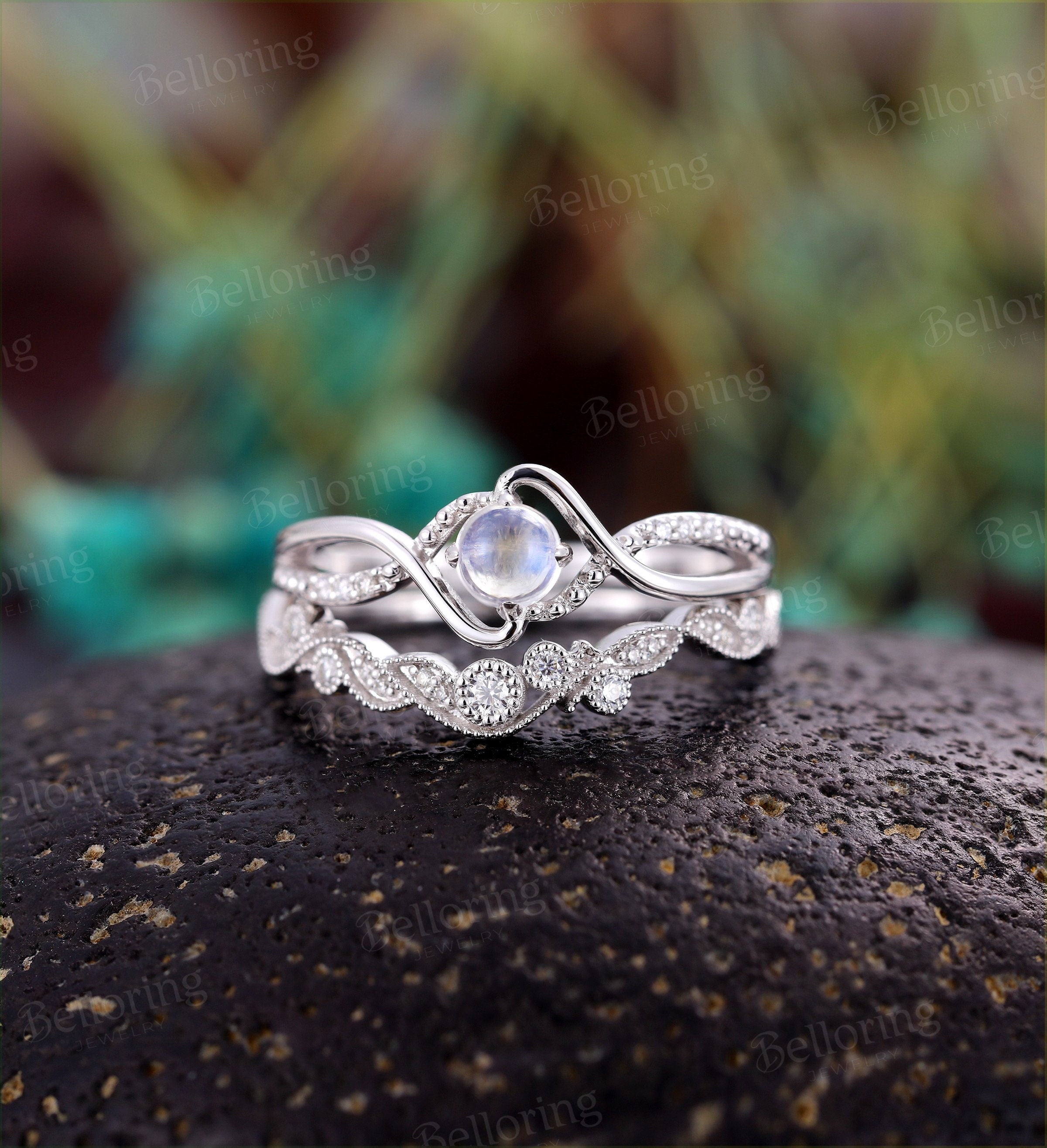 Moonstone engagement ring set Vintage moissanite white gold Unique wedding ring for  Art deco Jewelry birthstone Anniversary gift