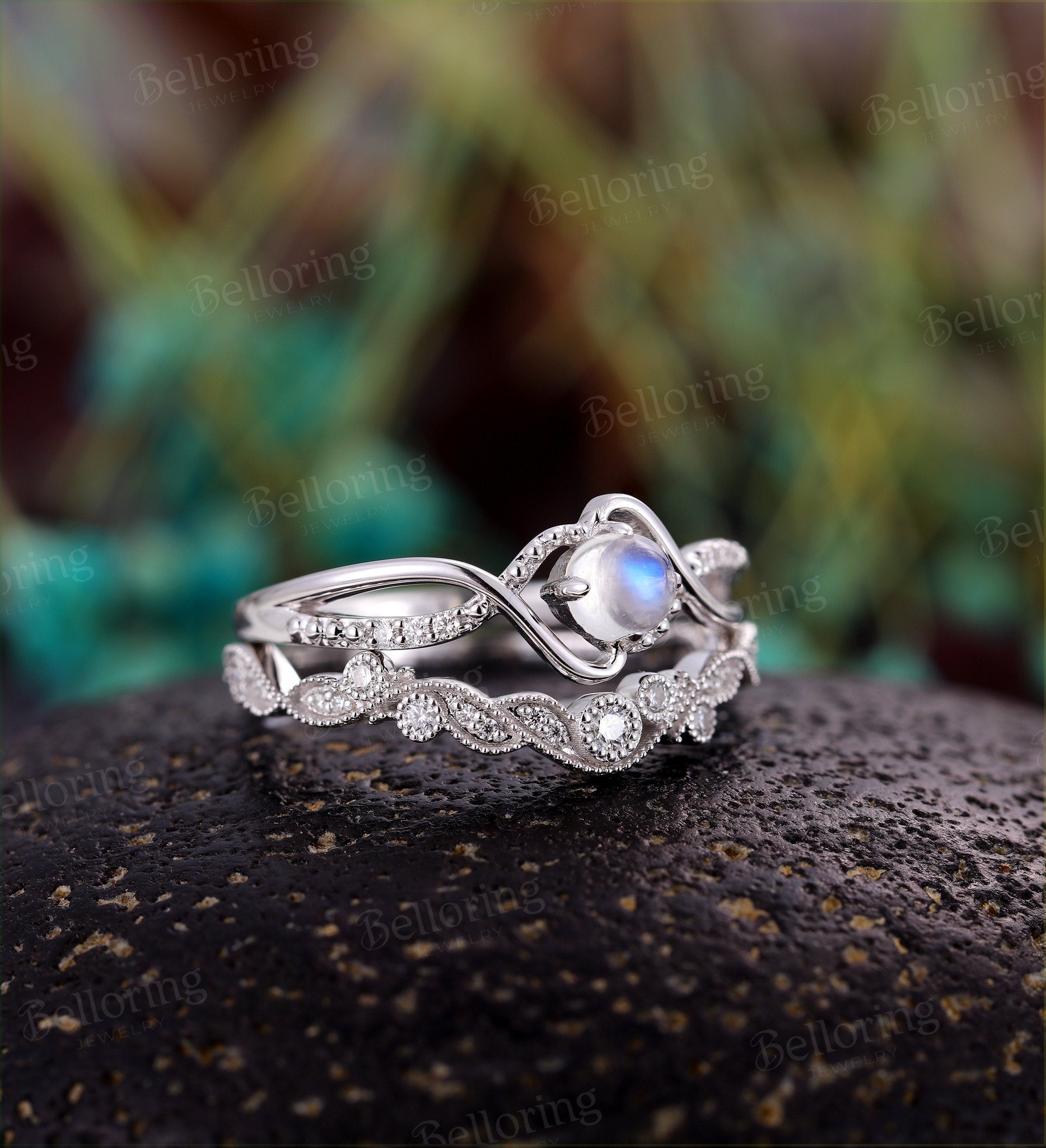 Moonstone engagement ring set Vintage moissanite white gold Unique wedding ring for  Art deco Jewelry birthstone Anniversary gift